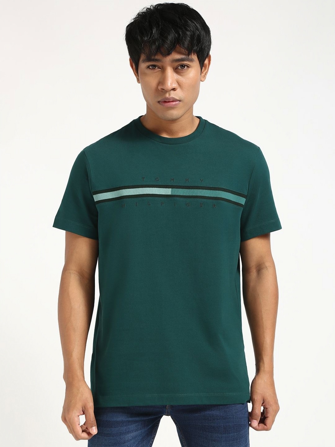 

Tommy Hilfiger Men Striped Round Neck Cotton T-shirt, Teal