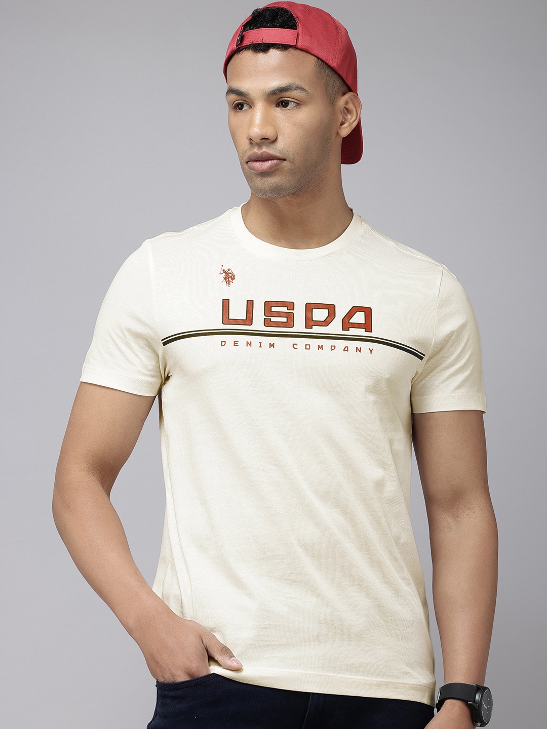 

U.S. Polo Assn. Denim Co. Pure Cotton Brand Logo Printed Slim Fit T-shirt, Cream