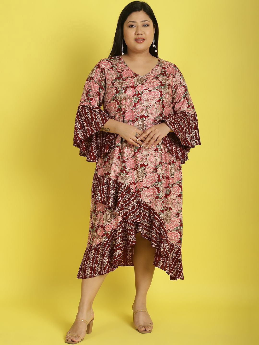 

theRebelinme Women Plus Size Floral Print Bell Sleeve Ruffled A-Line Midi Dress, Maroon