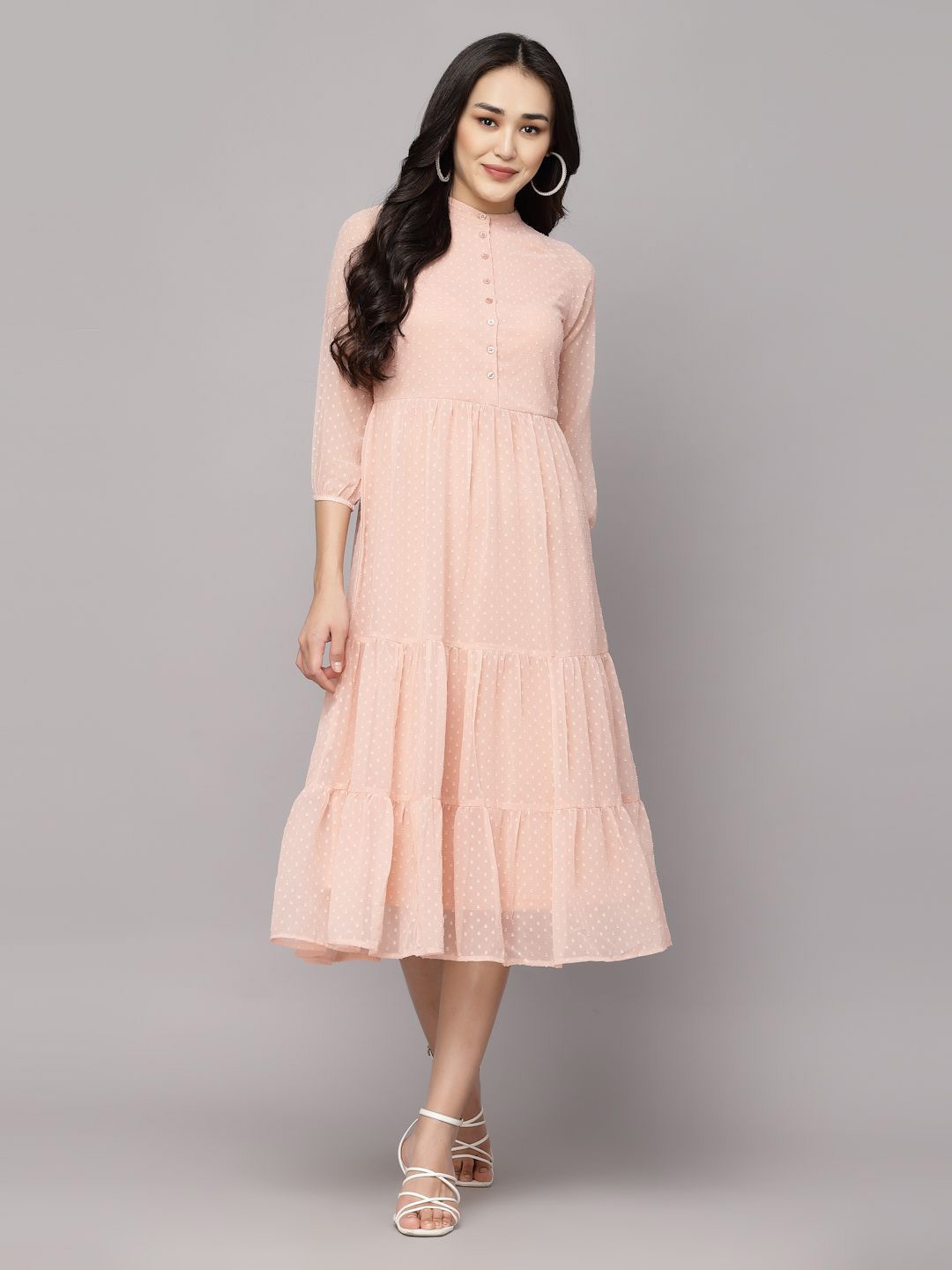 

BAESD Women Puff Sleeve Mandarin Collar Fit & Flare Midi Dress, Peach