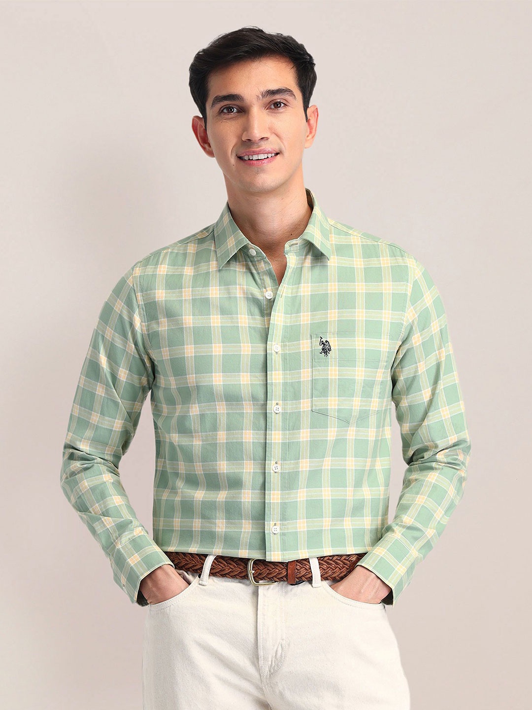 

U.S. Polo Assn. Men Spread Collar Tartan Checked Cotton Tailored Fit Casual Shirt, Green