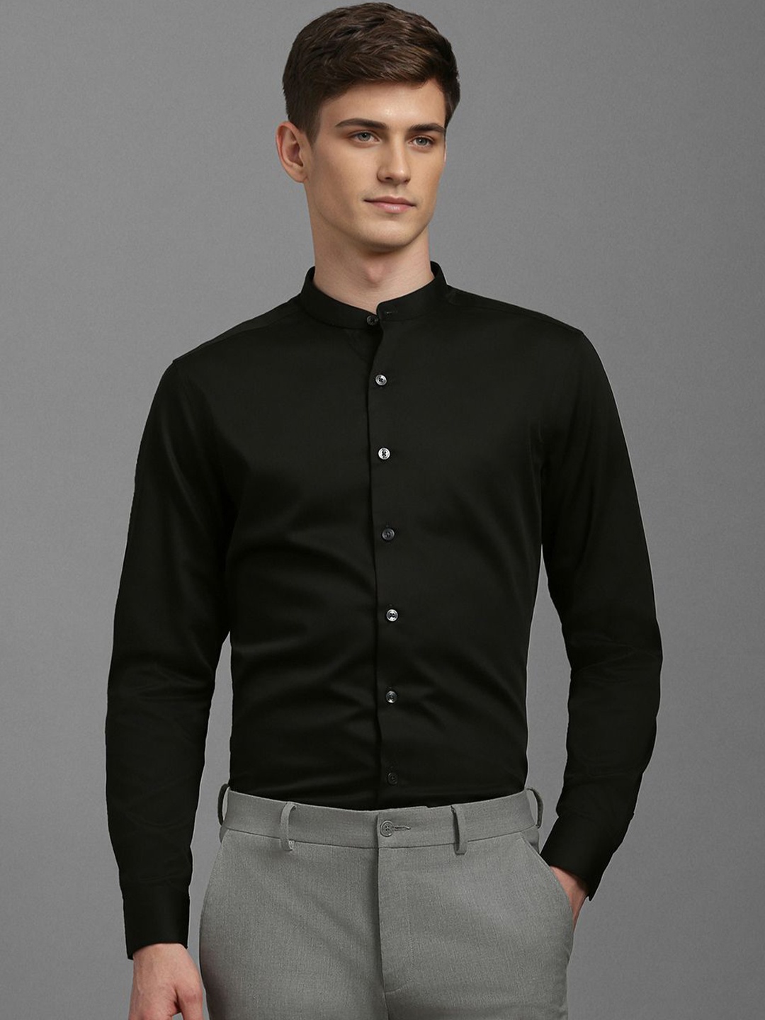 

Louis Philippe Men Band Collar Solid Cotton Slim Fit Formal Shirt, Black