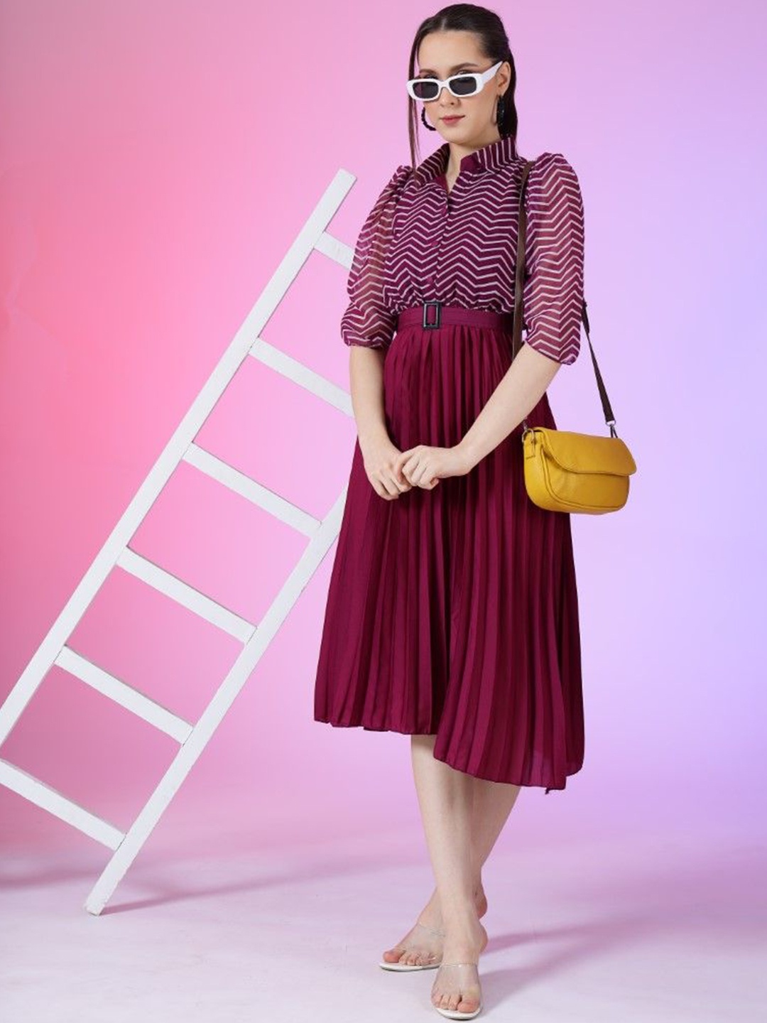 

Krunal Raiyani Women Printed Pleated Fit & Flare Midi Dress, Magenta