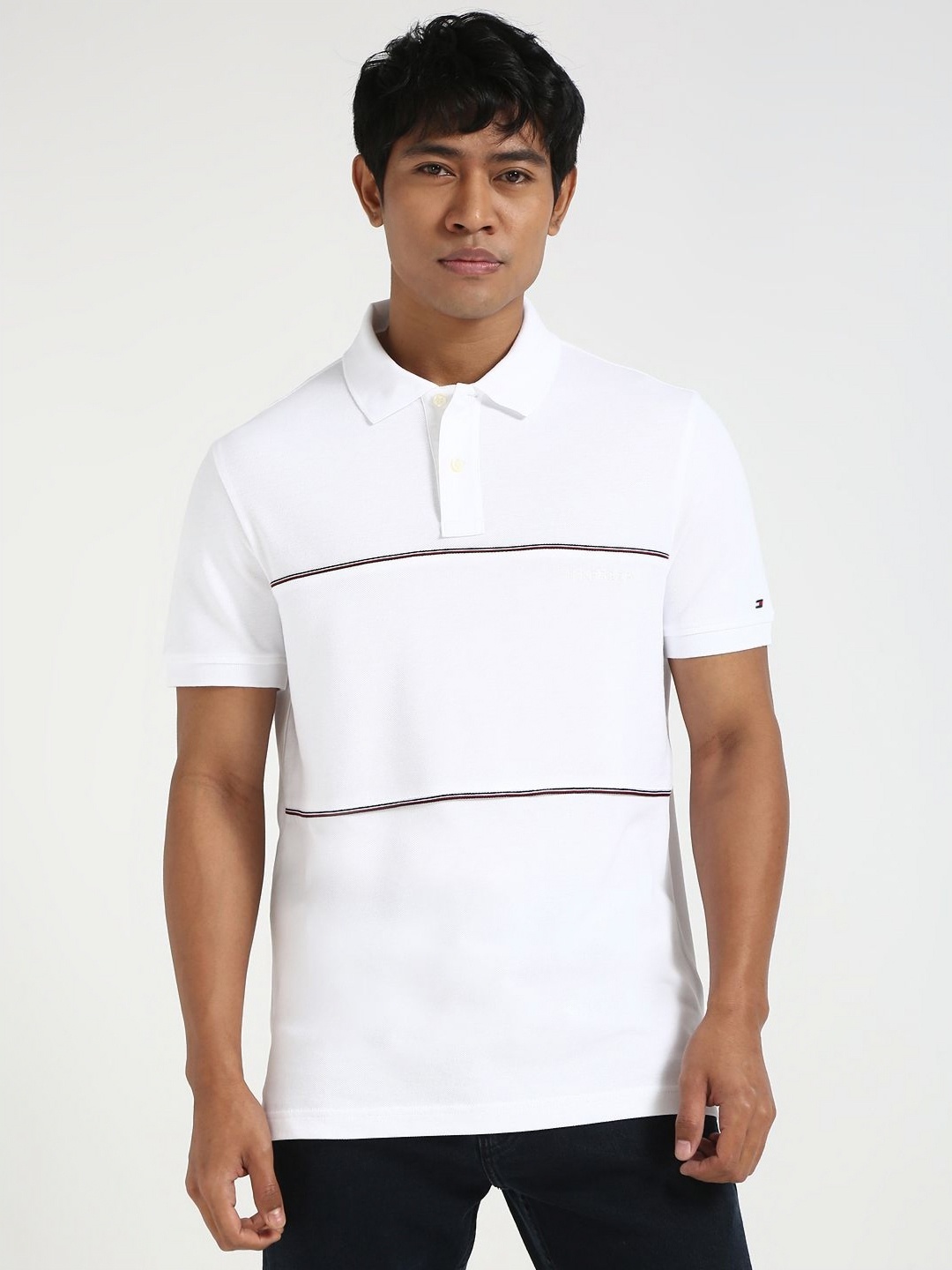 

Tommy Hilfiger Men Striped Polo Collar Cotton T-shirt, White