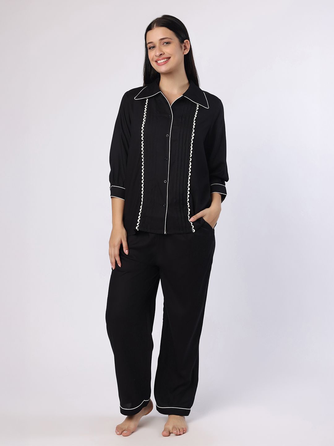 

BLANC9 Women Shirt Collar Night suit, Black