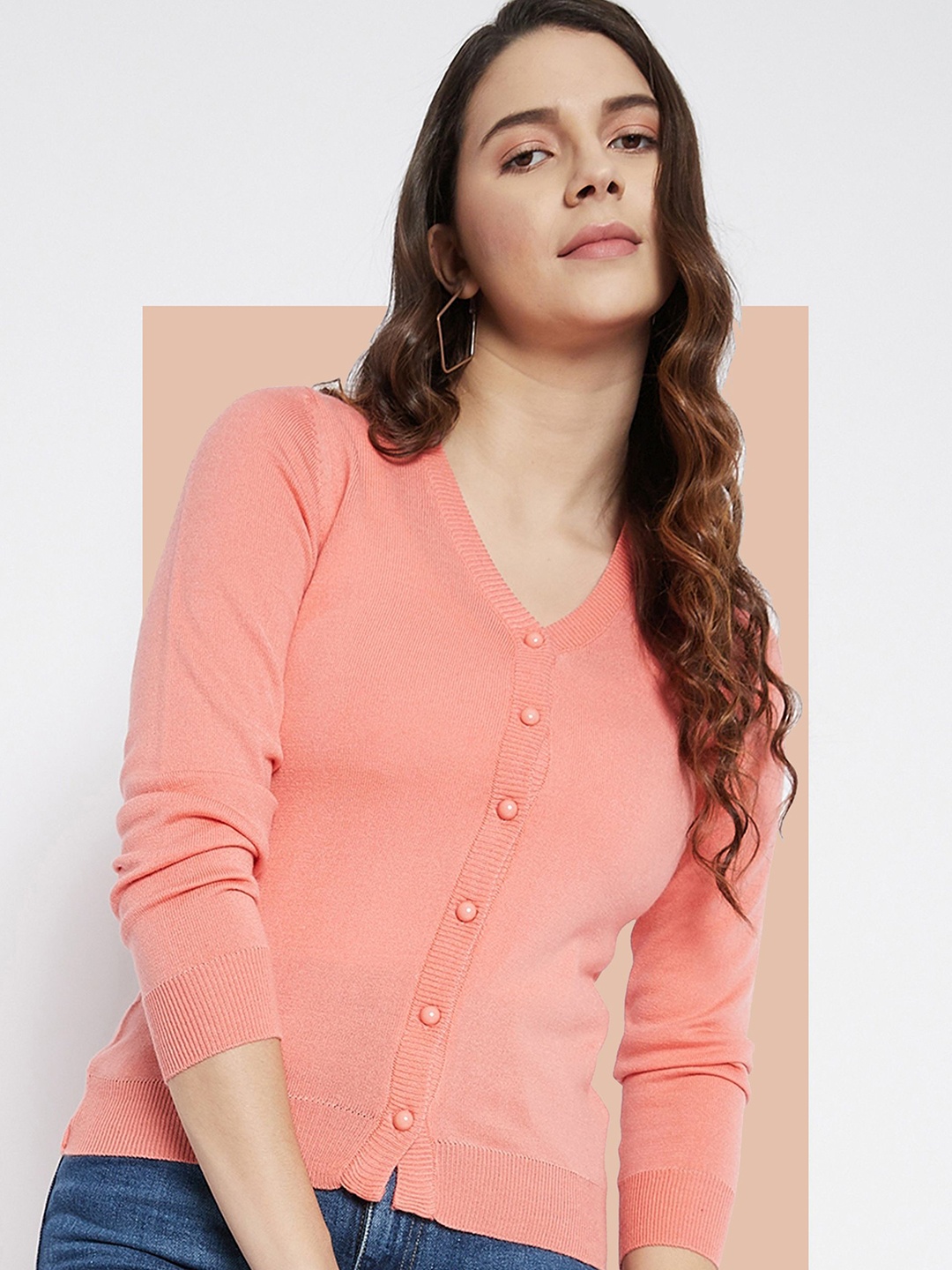 

Zigo Women Ribbed V-Neck Woollen Cardigan, Peach