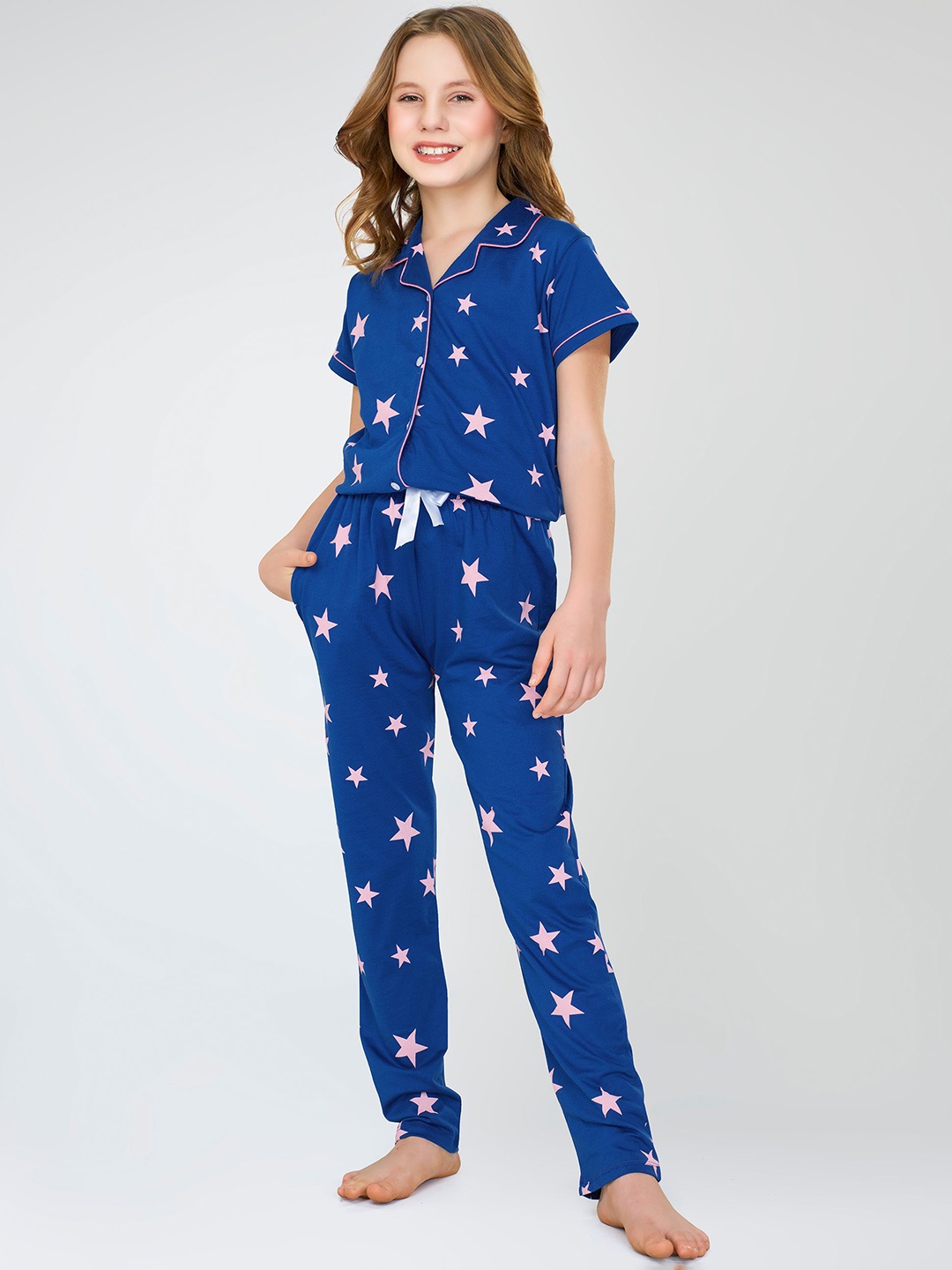 

Zeyo Girls Pure Cotton Conversational Printed Lapel Collar Night suit, Blue