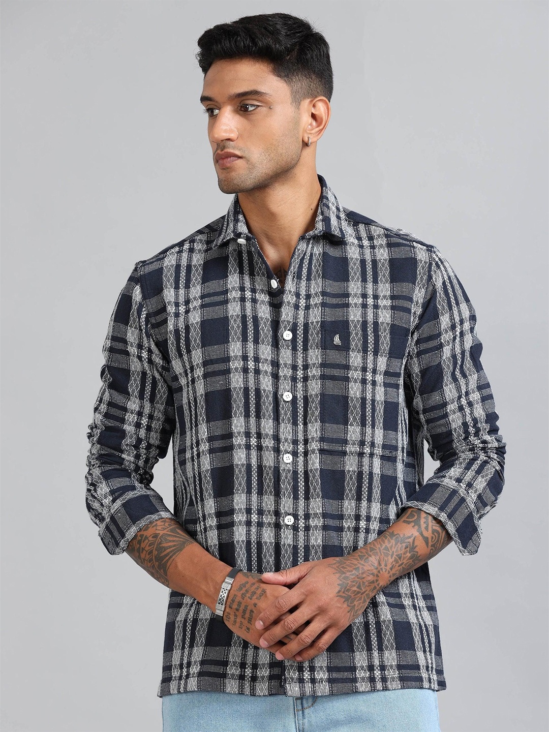 

HOUSE OF MAHNOTS Men Classic Opaque Checked Casual Shirt, Blue