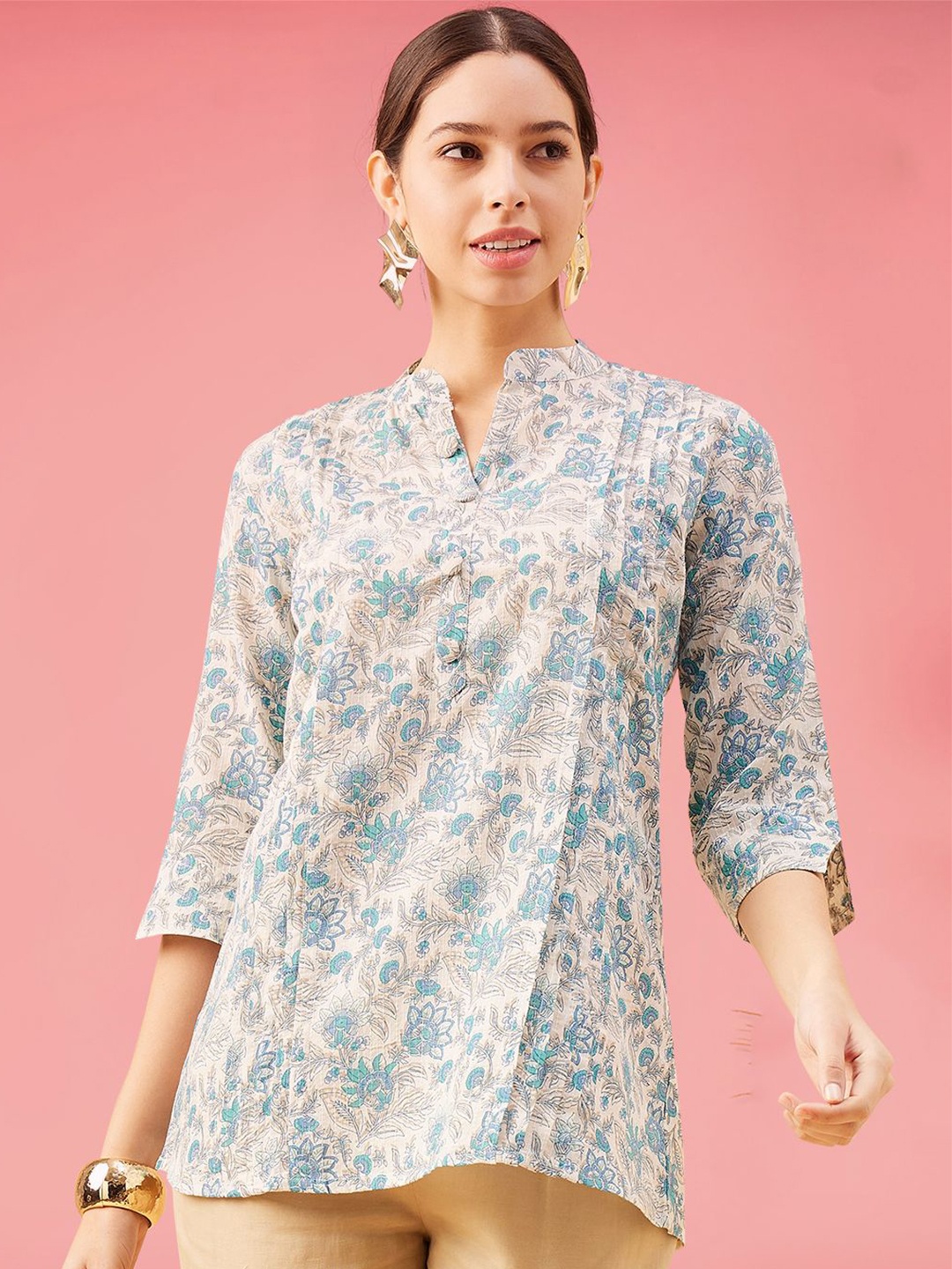 

Winza Designer Women Floral Print Mandarin Collar Cotton Top, White
