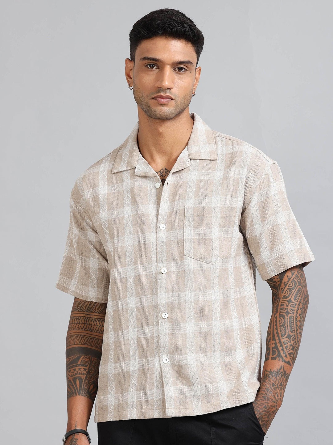 

HOUSE OF MAHNOTS Men Classic Opaque Checked Casual Shirt, Beige