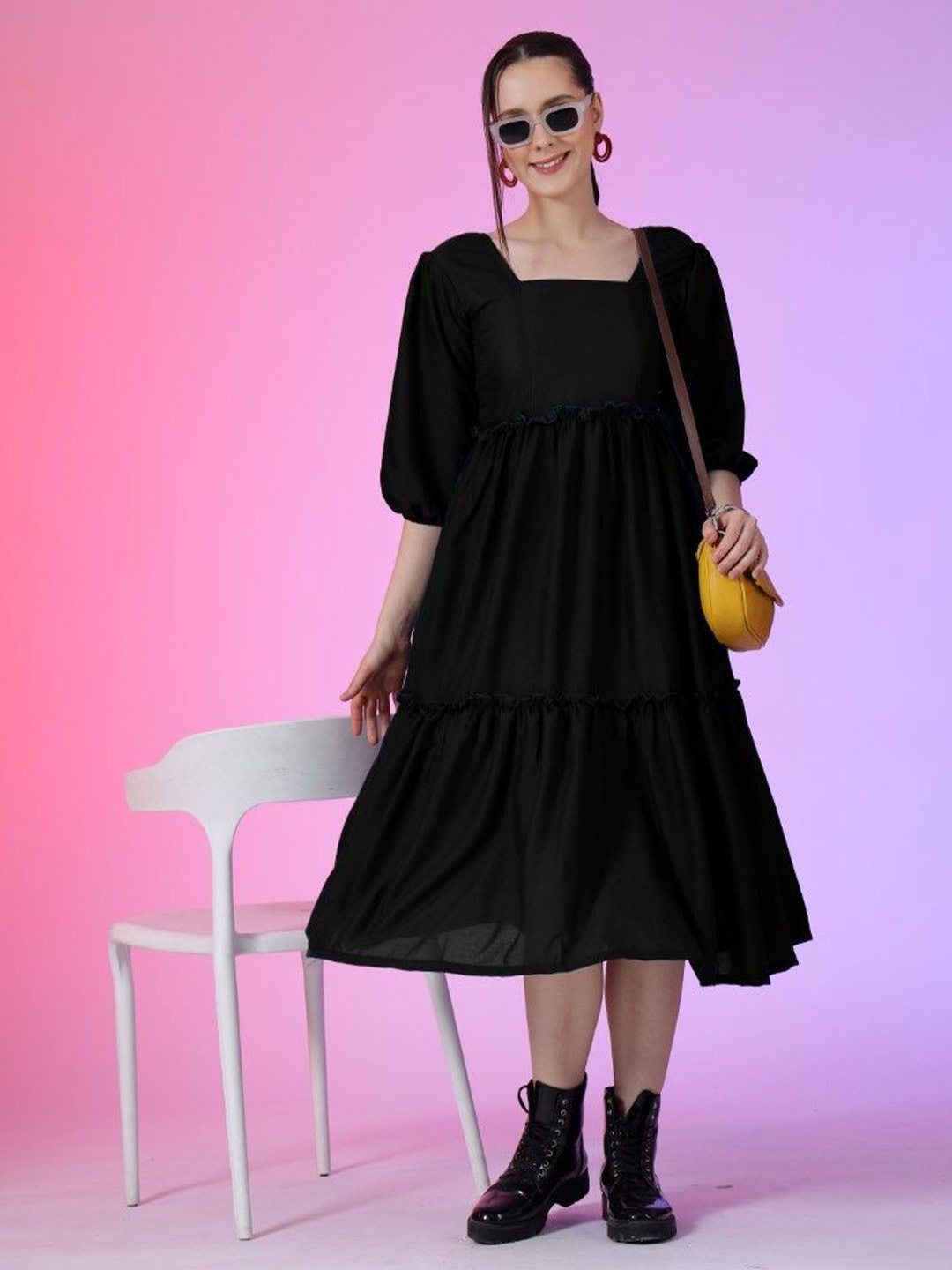 

Femvy Women Puff Sleaves Square Neck Fit & Flare Dress, Black