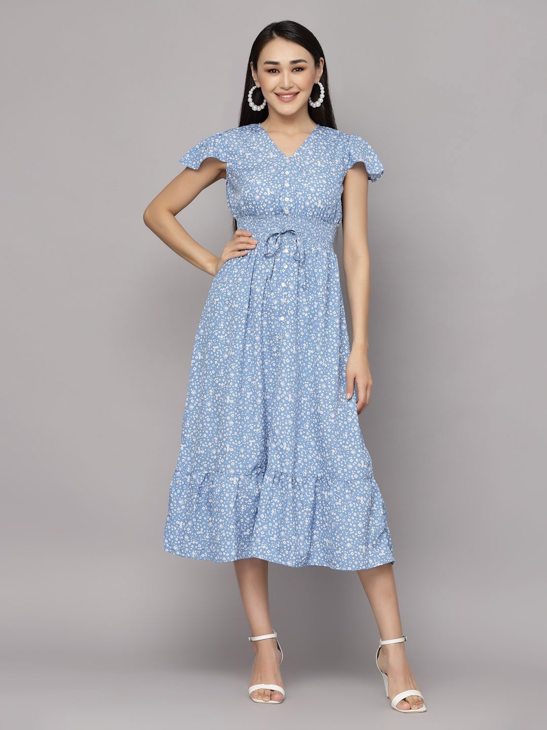 

BAESD Floral Printed V-Neck Flutter Sleeves Empire Midi Dress, Blue