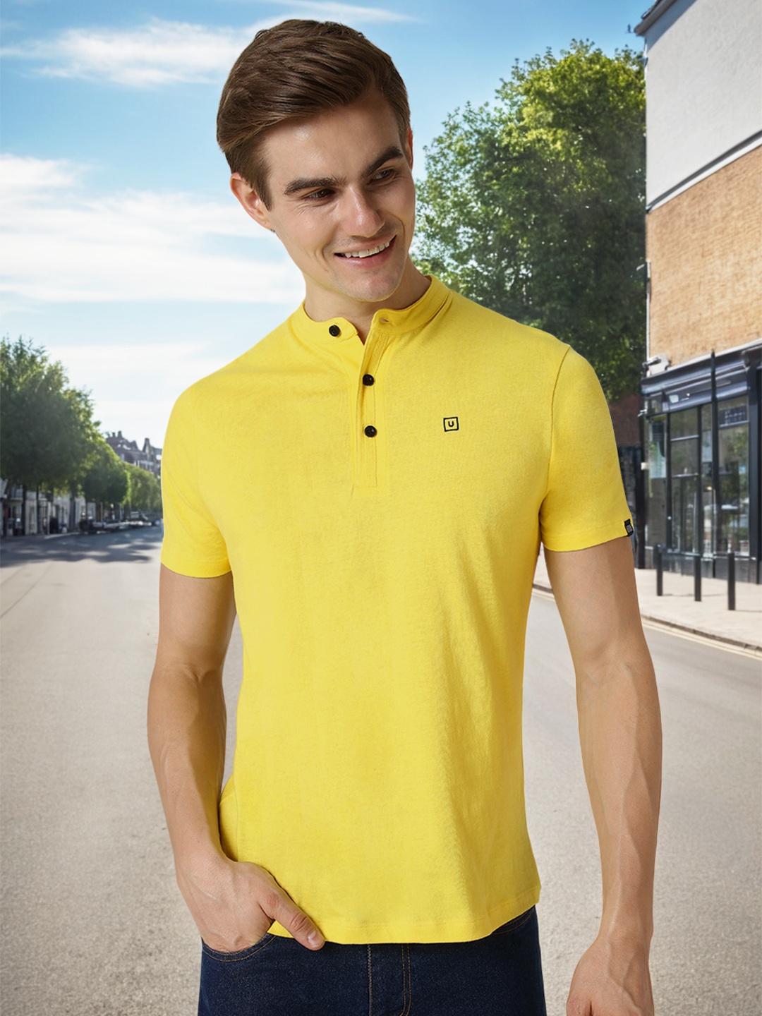 

Urbano Fashion Men Yellow Solid Mandarin Collar Pure Cotton T-shirt