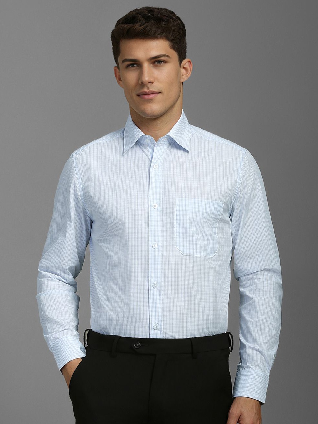 

Louis Philippe Men Classic Spread Collar Micro Checked Cotton Formal Shirt, Blue