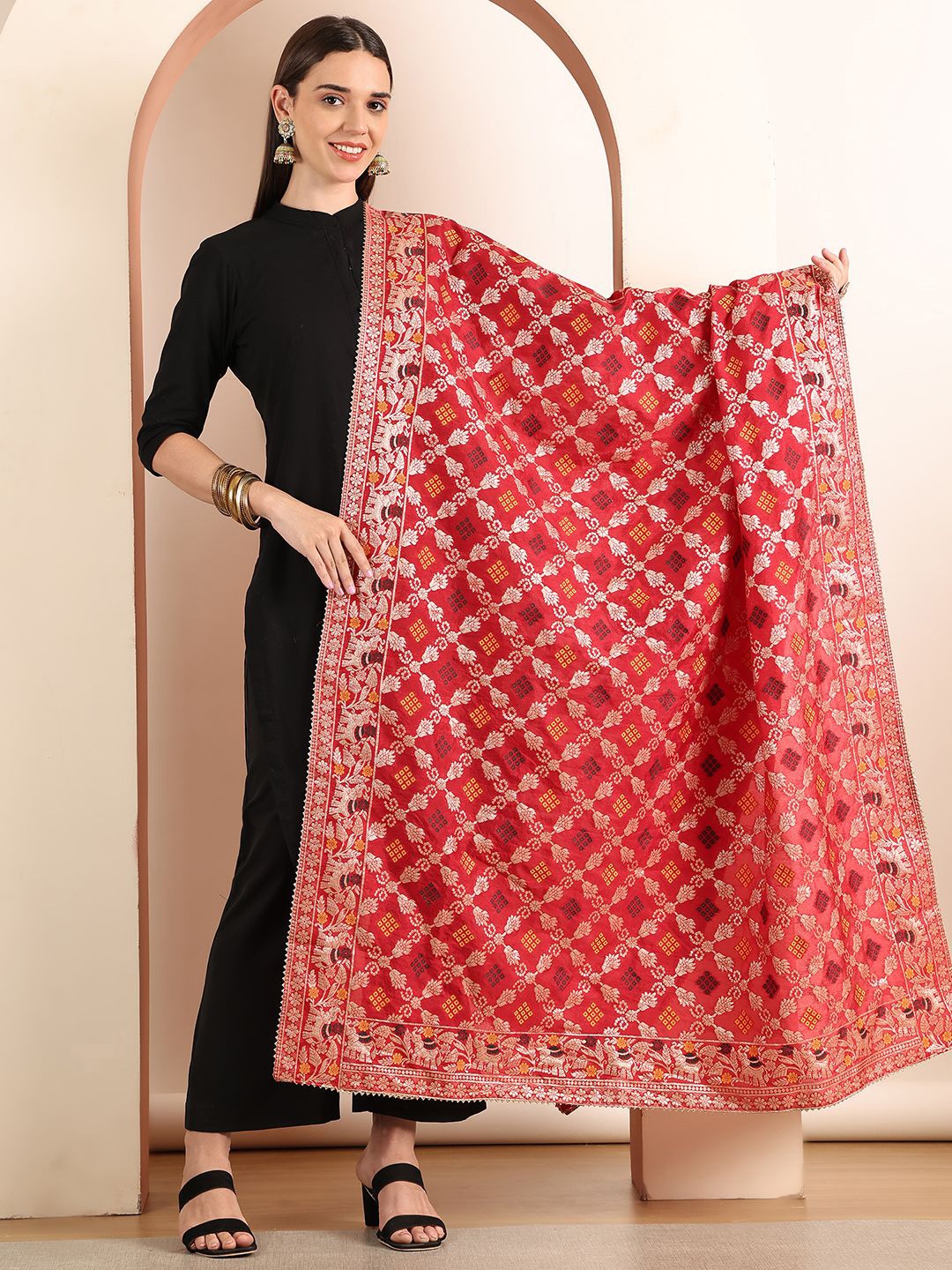 

SOUNDARYA Woven Design Dupatta with Zari, Red
