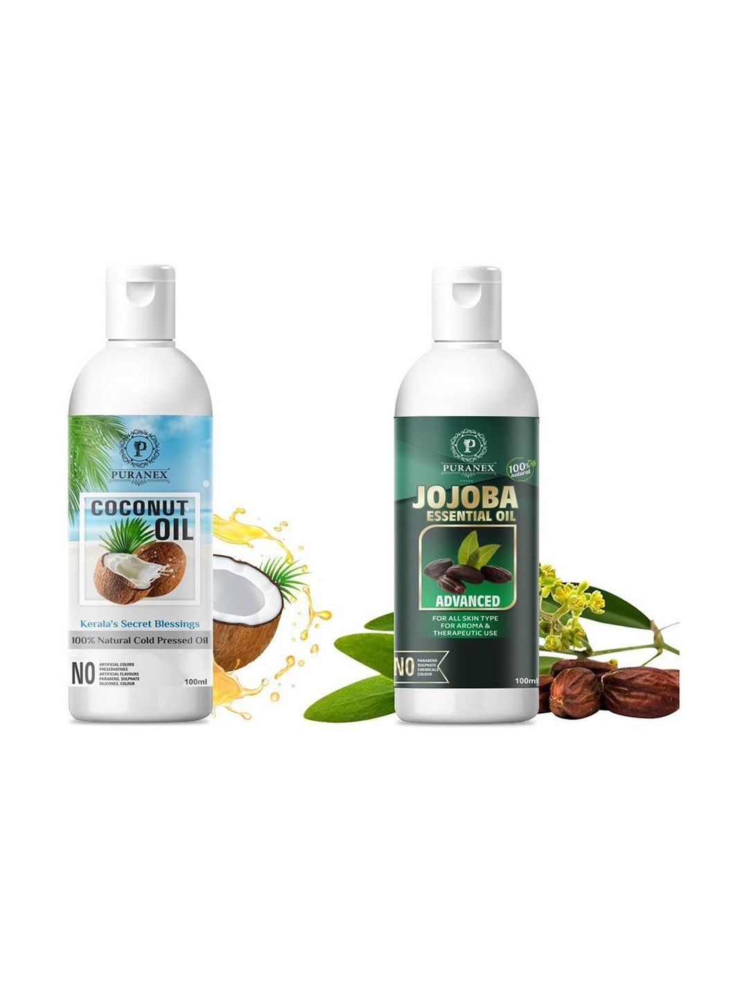 

Puranex Set Of 2 Coconut Oil & Jojoba Oil For Hair & Skin - 100 ml Each, Transparent