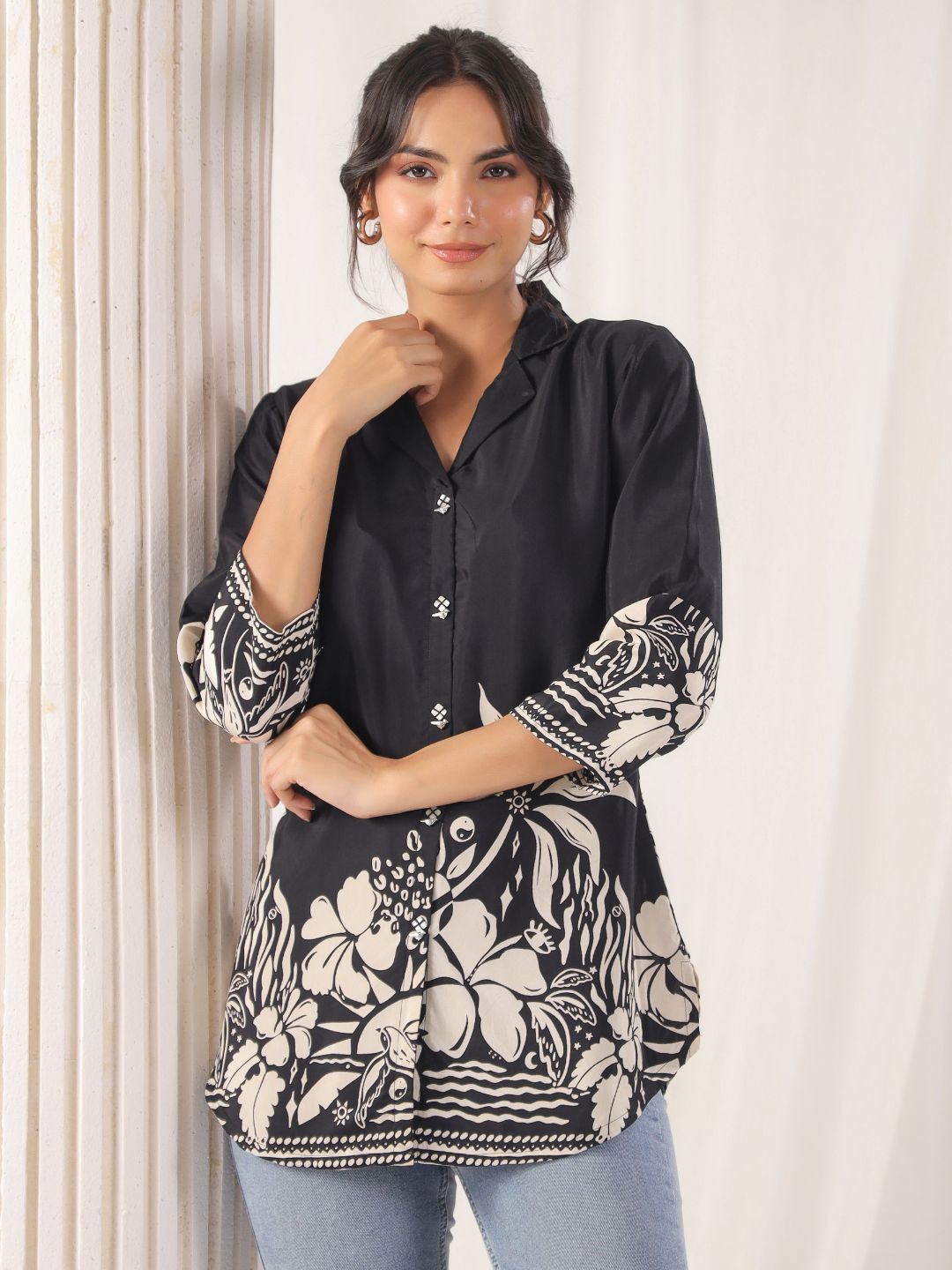 

Kaftanize Women Printed Lapel Collar Shirt Style Top, Black