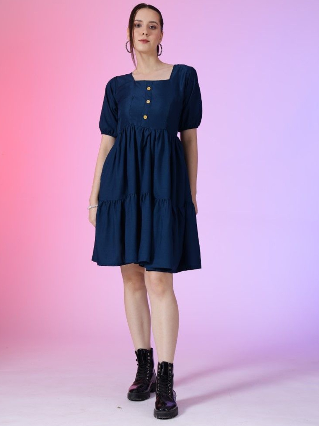 

Krunal Raiyani Women Square Neck Puff Sleeves Fit & Flare Dress, Blue