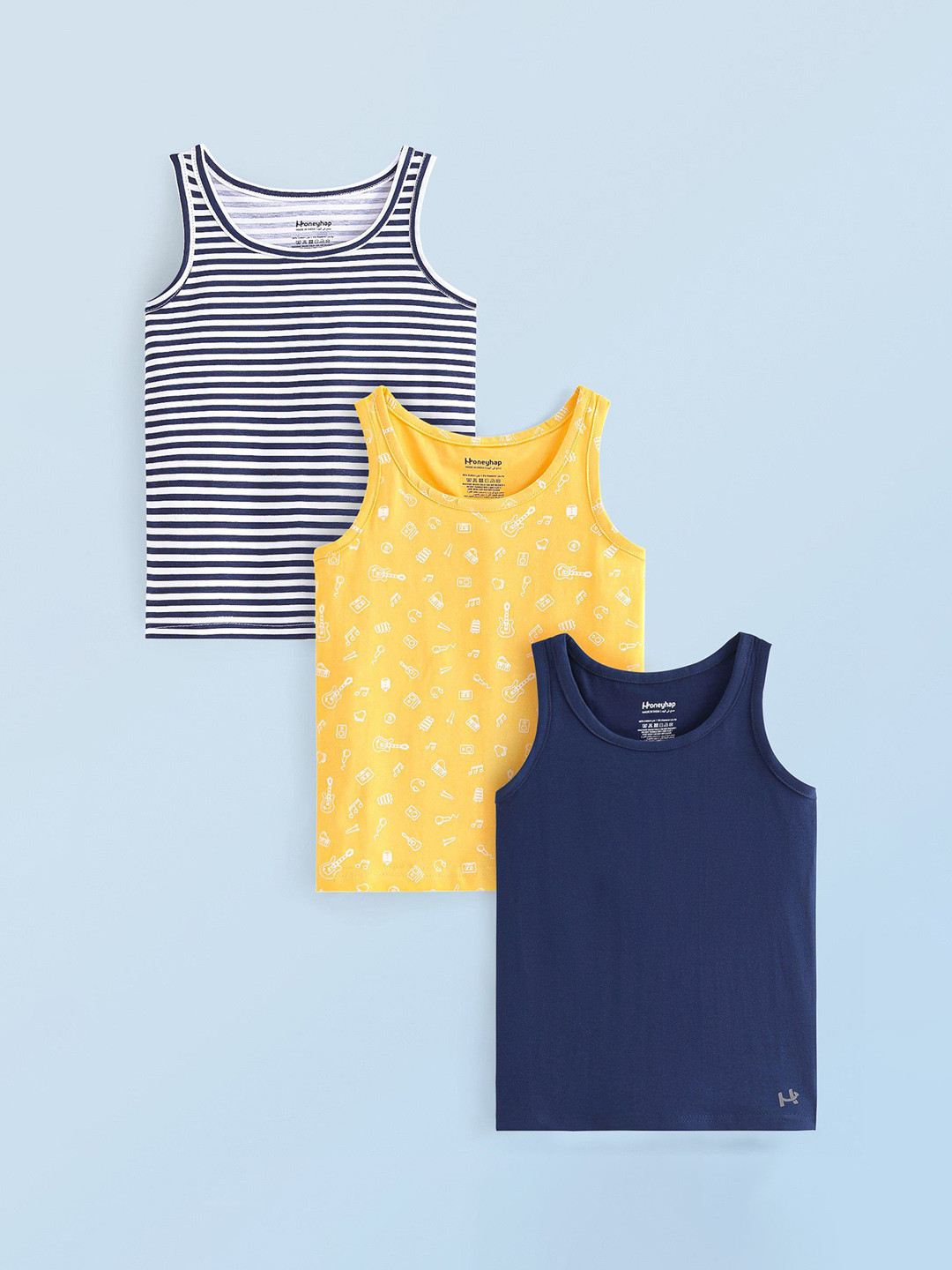 

Honeyhap Boys Pack Of 3 Printed Cotton Basic Vests, Navy blue