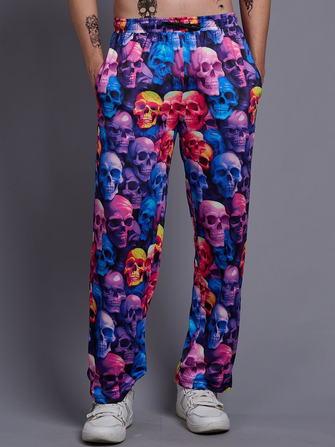 

GO DEVIL Men Floral Printed Original Loose Fit High-Rise Joggers Trousers, Purple