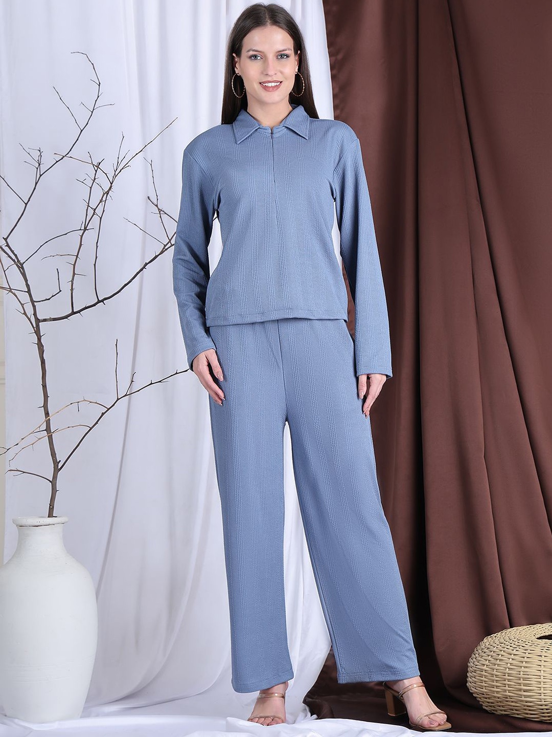 

NEUDIS Self Design Shirt Collar Long Sleeves Top & Trouser, Blue