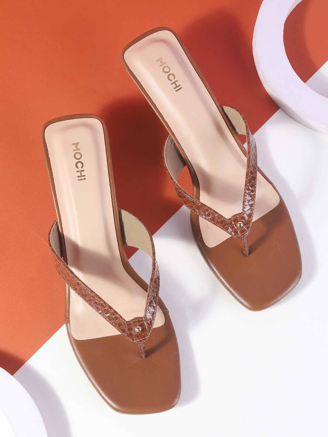 

Mochi Women Colourblocked Open Toe Kitten Heel Sandals, Brown