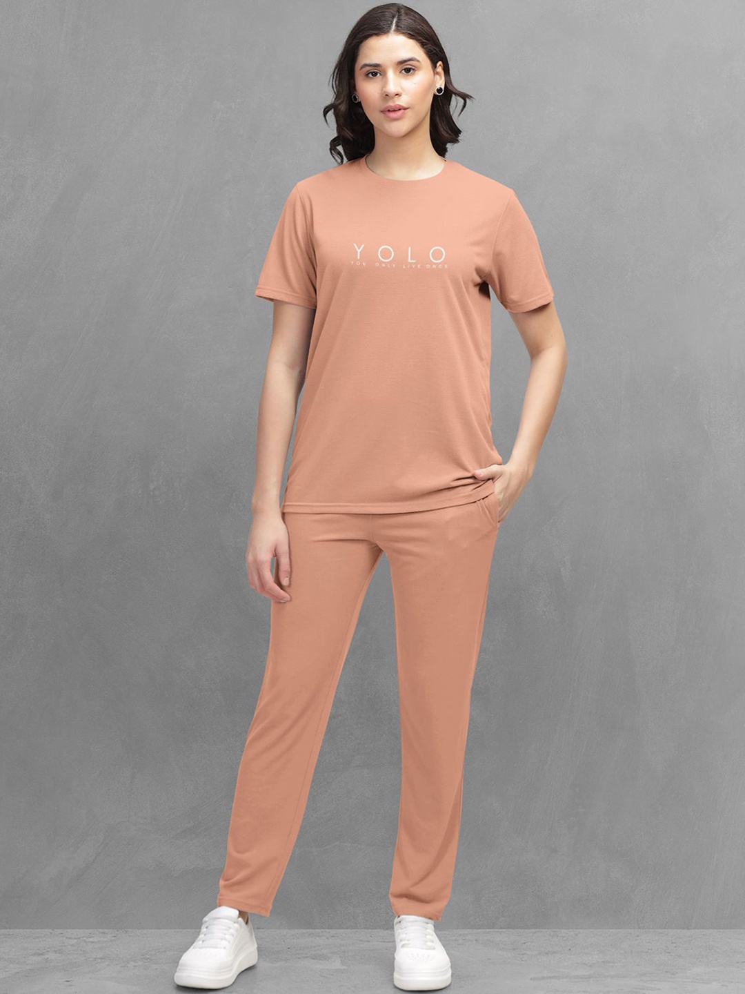

Hellcat Women Trendy Printed Solid T Shirt with Pants Clothing Set, Orange