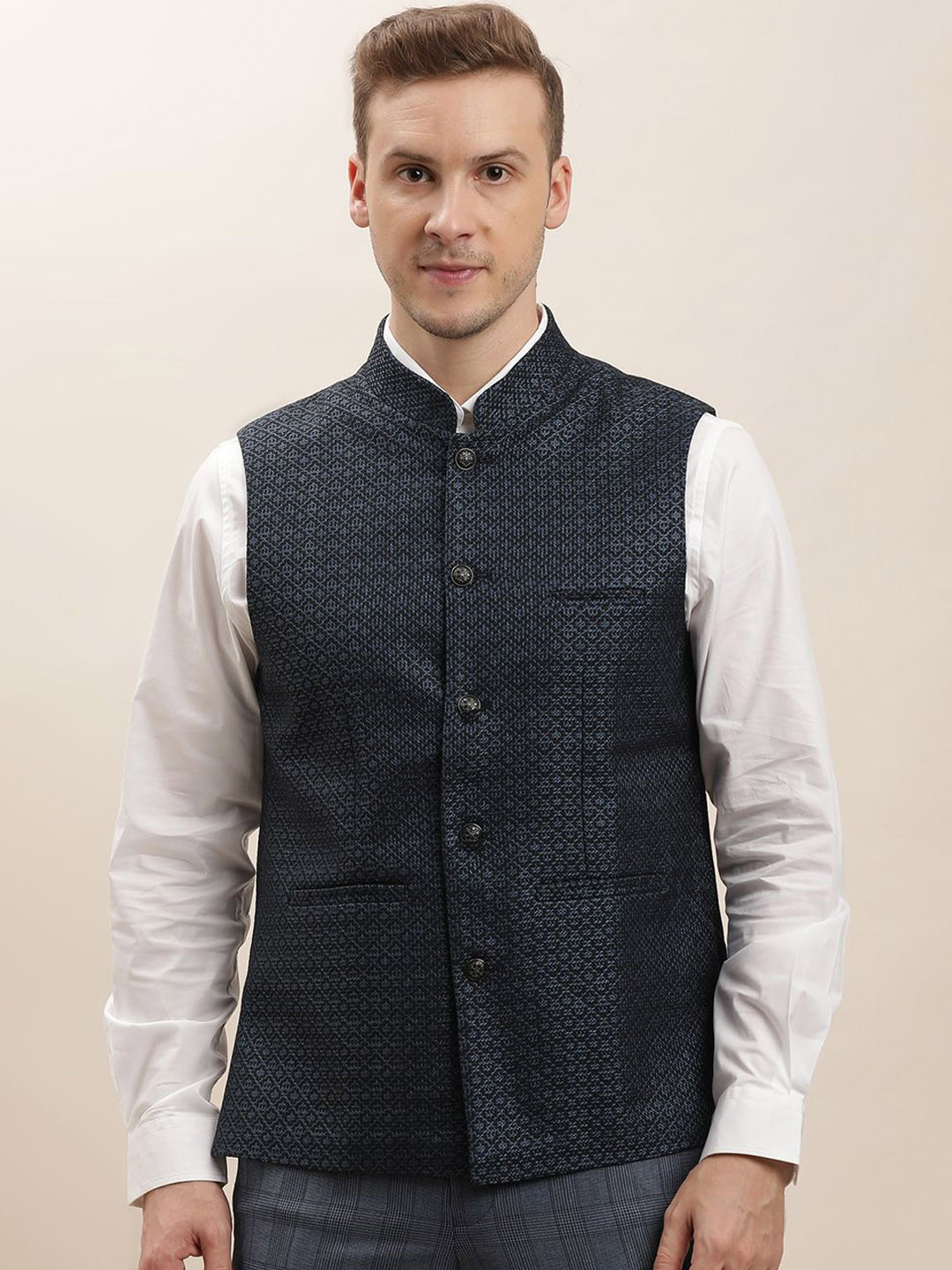 

Turtle Printed Mandarin Collar Nehru Jacket, Navy blue