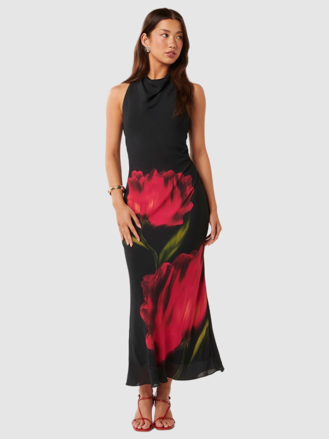

Forever New Women Floral Printed Cowl Neck Sleeveless Maxi Dress, Black