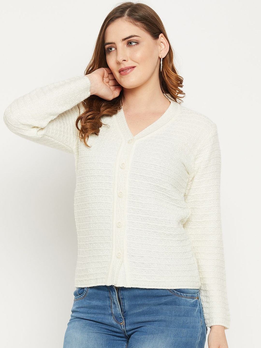 

Zigo Women Cable Knit Woollen Cardigan Sweaters, Off white