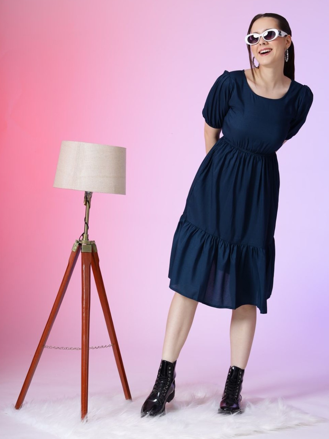 

Raiyani Enterprise Women Puff Sleaves Fit & Flare Tiered Casual Midi Dress, Blue
