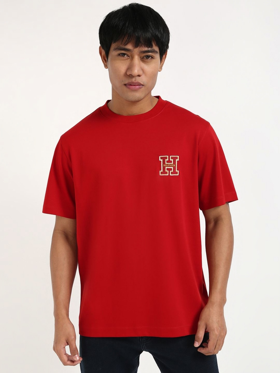 

Tommy Hilfiger Men Brand Logo Printed Round Neck Cotton T-shirt, Red