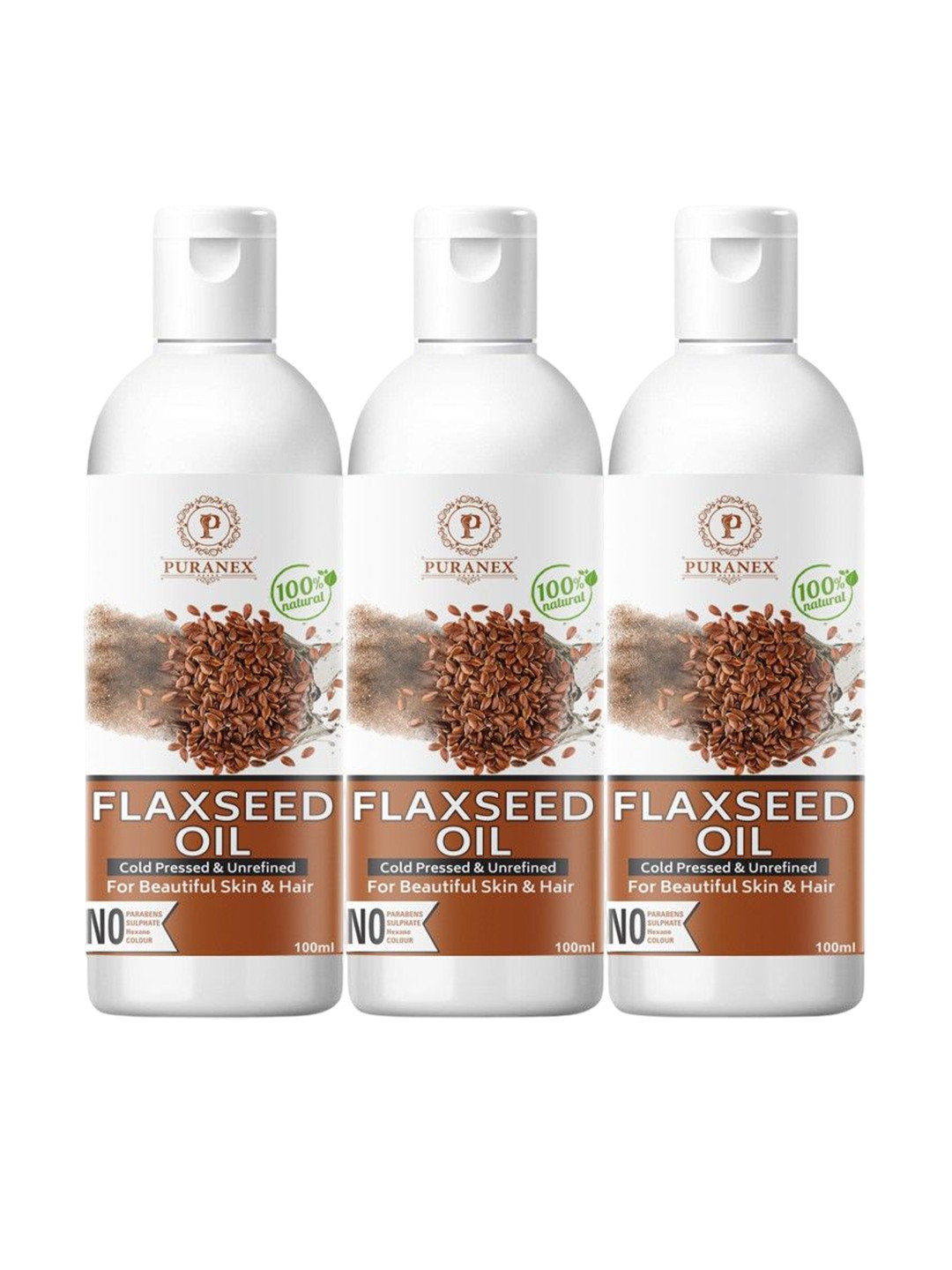 

Puranex Set Of 3 100% Cold Pressed Flax Seed Hair & Skin Oils - 100 ml Each, Transparent