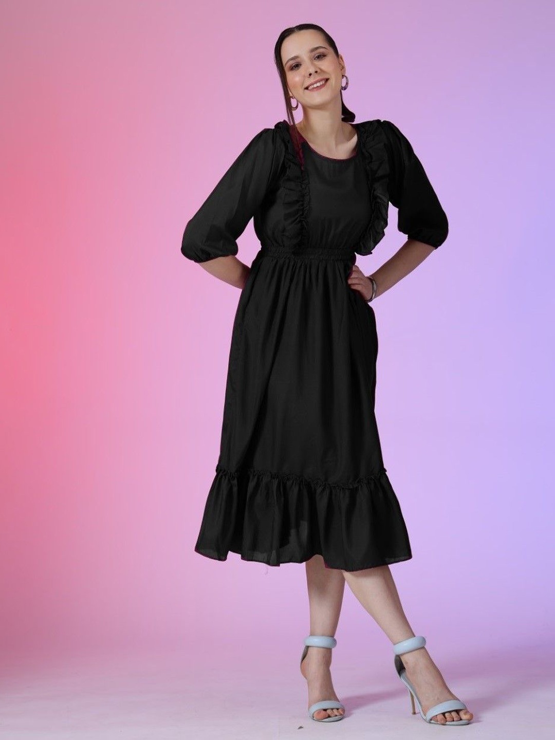 

Krunal Raiyani Round Neck Fit & Flare Dress, Black