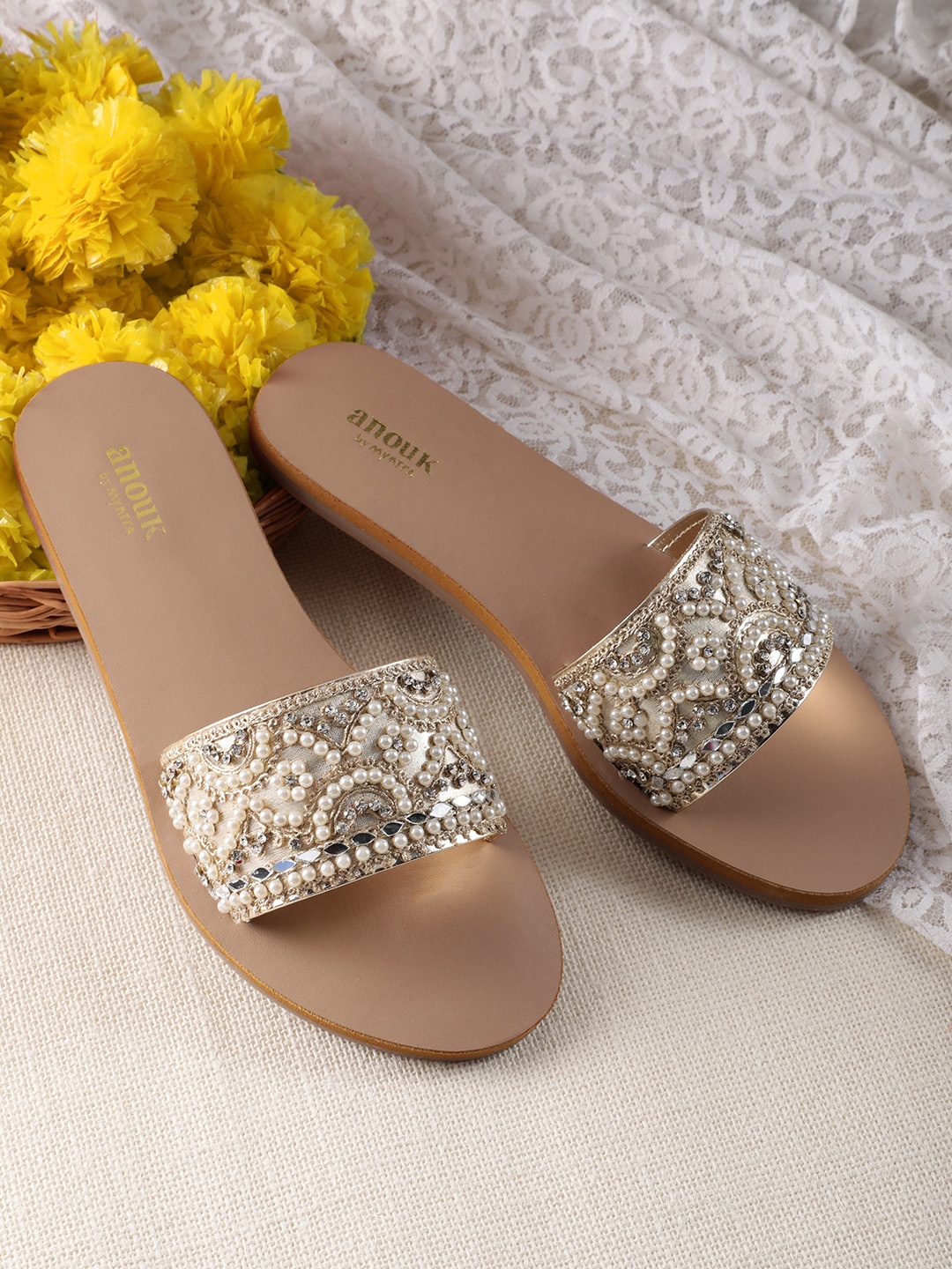 

Anouk Women Ethnic Motif Embellished Open Toe Flats, Off white