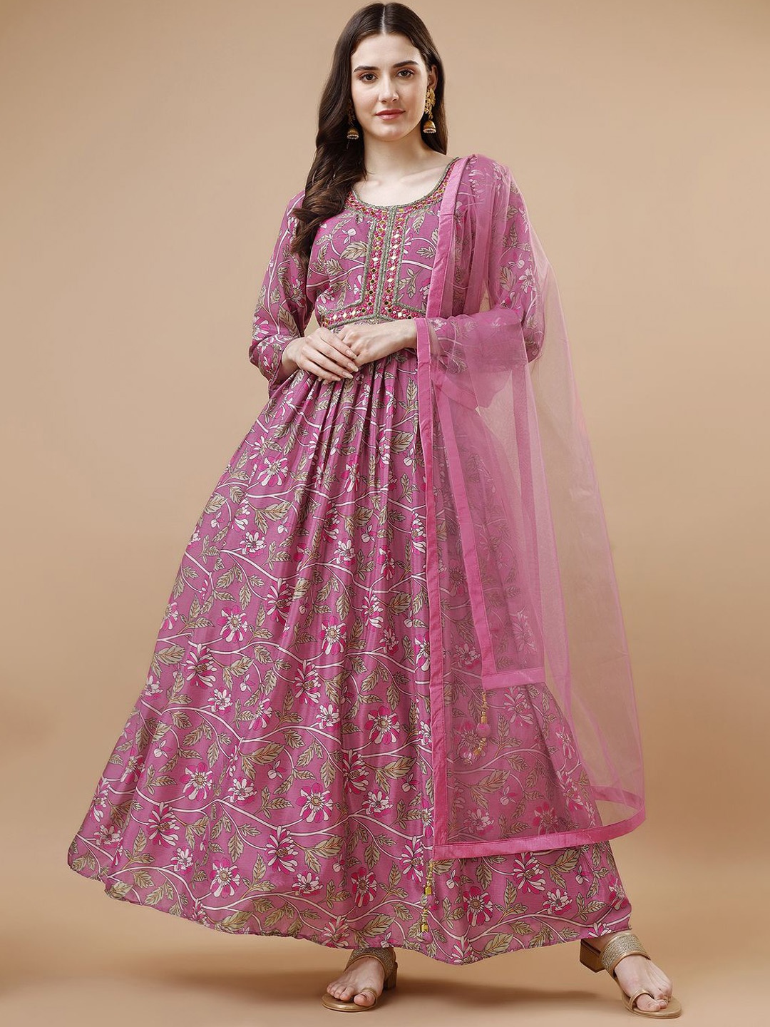 

VANAKARA Women Floral Printed Maxi Ethnic Dress With Dupatta, Magenta