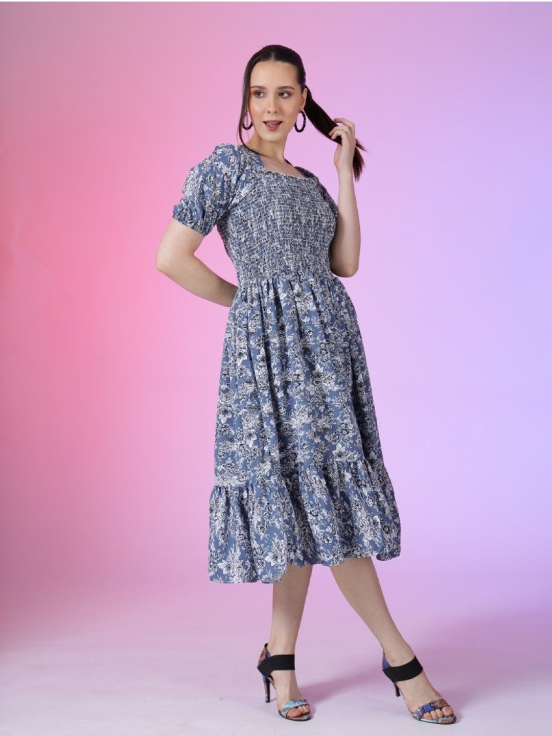 

Krunal Raiyani Women Floral Printed Fit & Flare Knee Length Dress, Blue