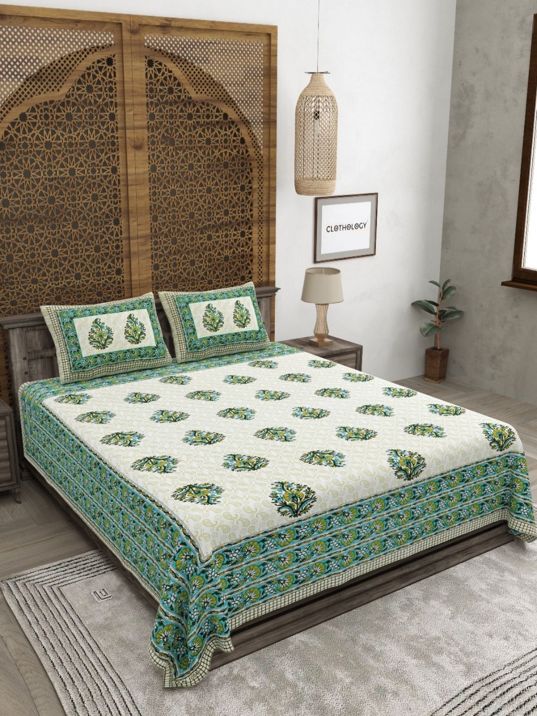 

CLOTHOLOGY Green & White Floral 180 TC Pure Cotton King Bedsheet Set-2.75 m x 2.25 m