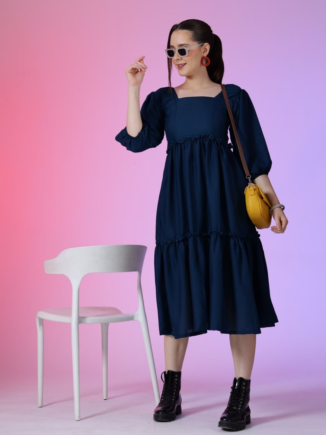 

Femvy Women Square Neck Tiered Fit & Flare Dress, Blue