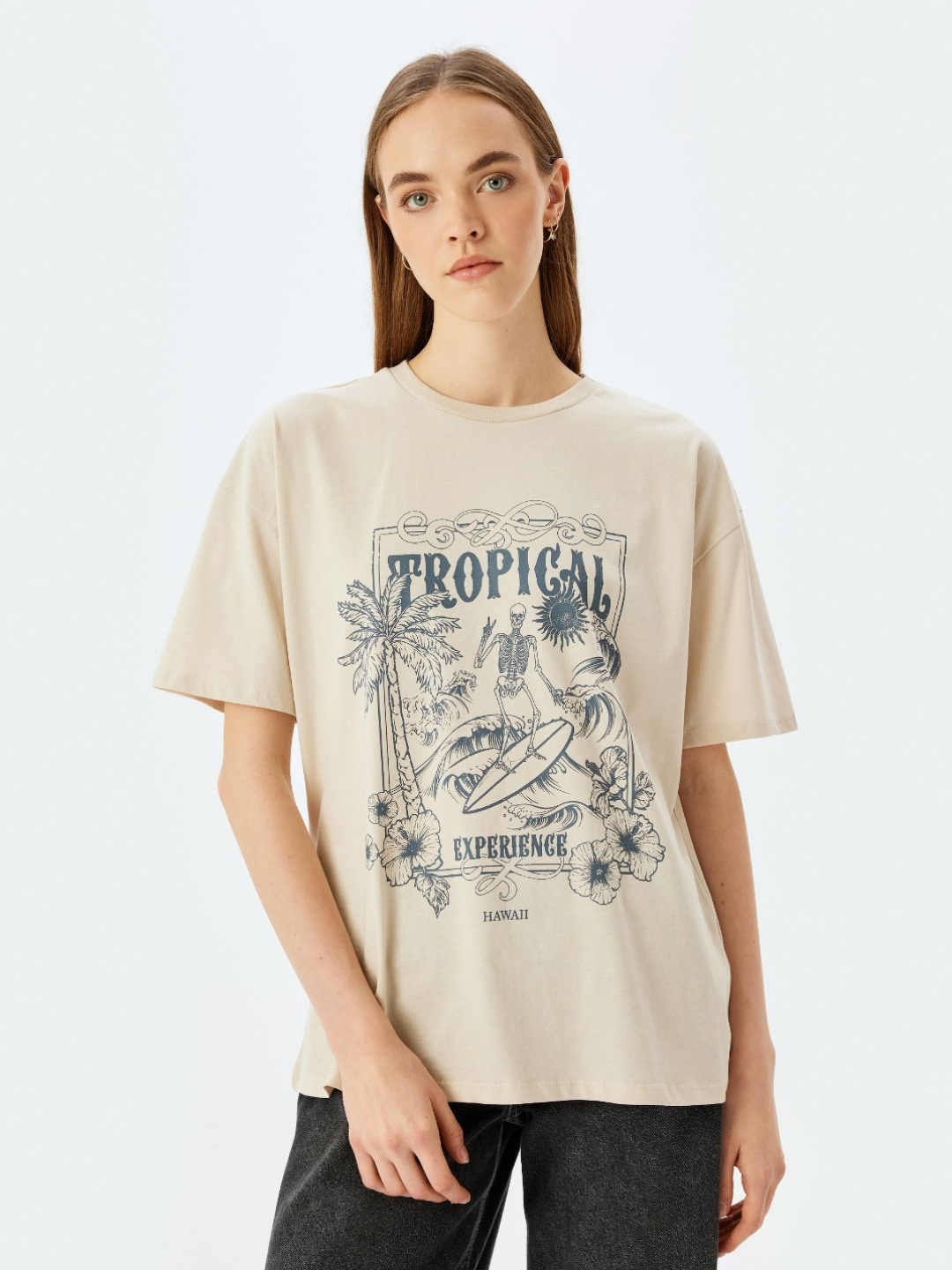 

Koton Women Graphic Printed Round Neck Cotton Oversized T-shirt, Beige