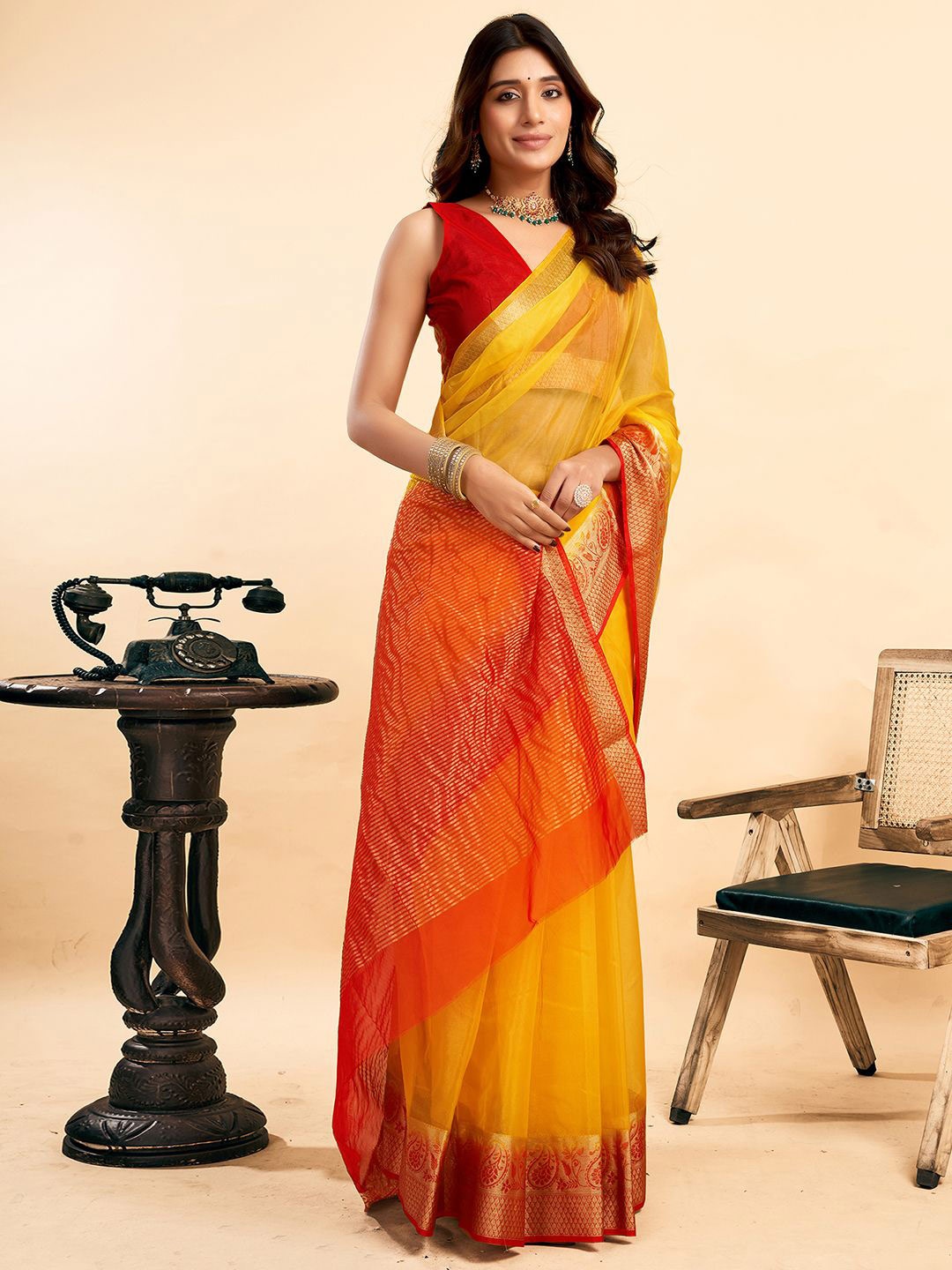 

KALINI Woven Design Zari Saree With Unstitched Blouse Piece, Yellow