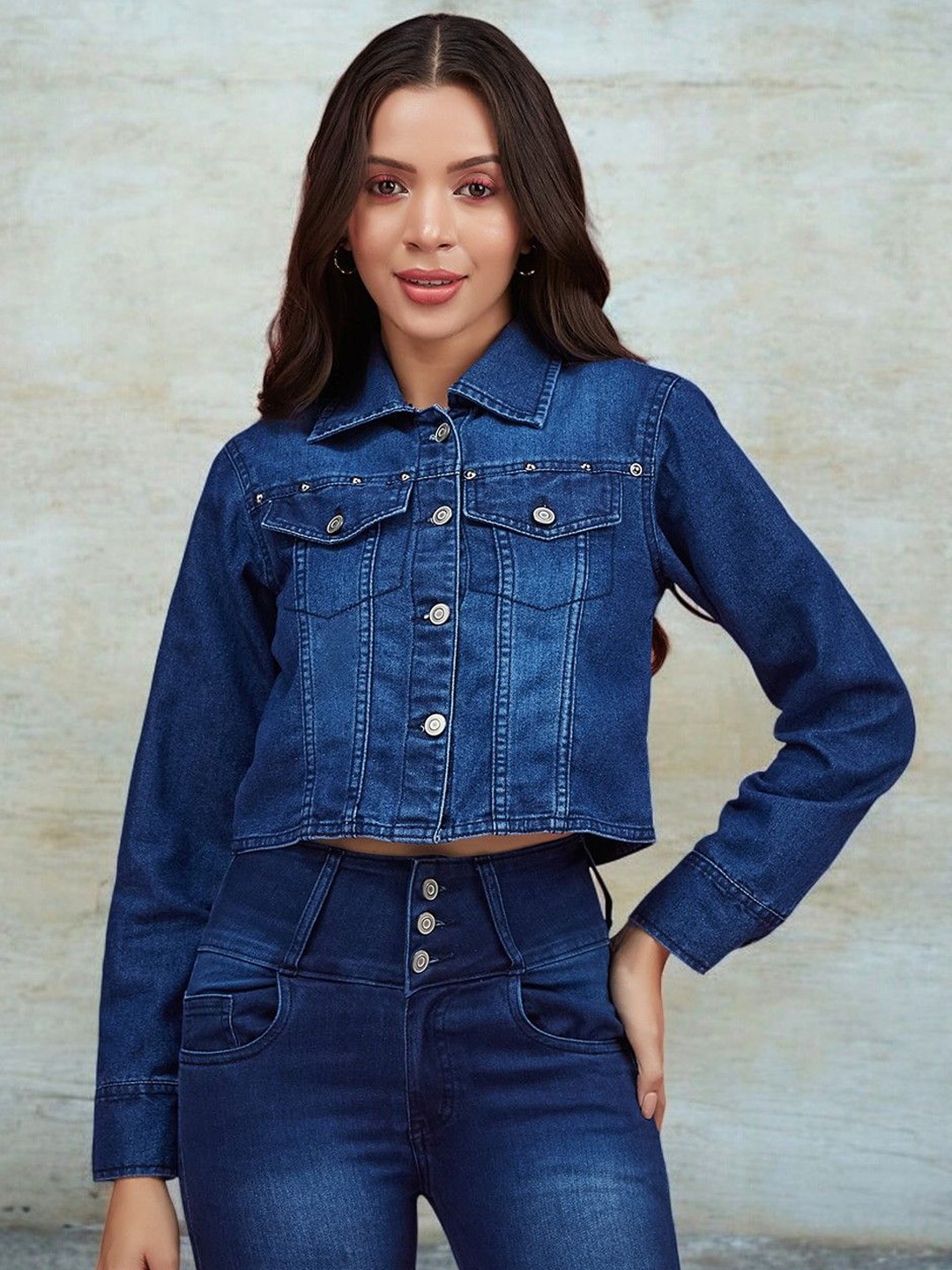 

DressBerry Women Washed Crop Denim Jacket, Navy blue