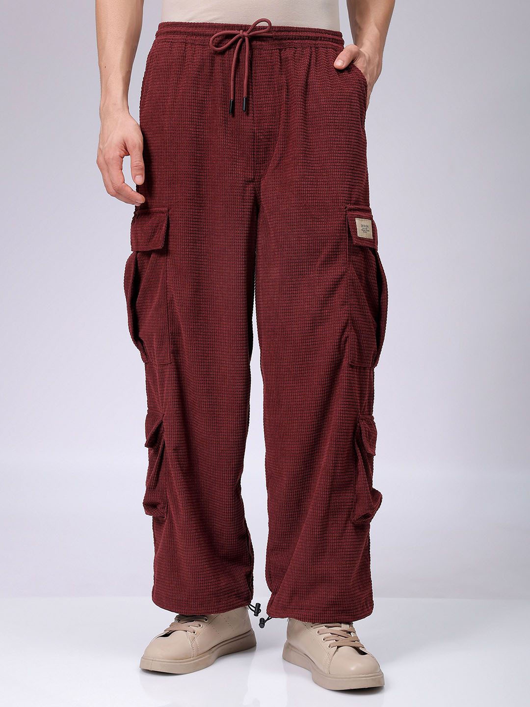 

The Indian Garage Co Men Mid-Rise Flared Cargos Trousers, Burgundy