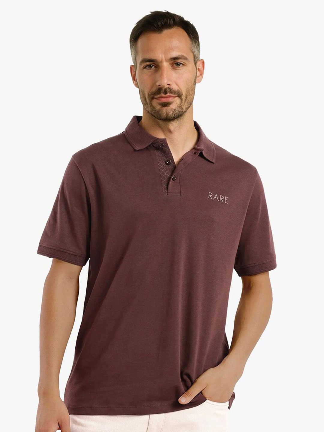 

RARE RABBIT Men Typography Printed Polo Collar Cotton T-shirt, Brown