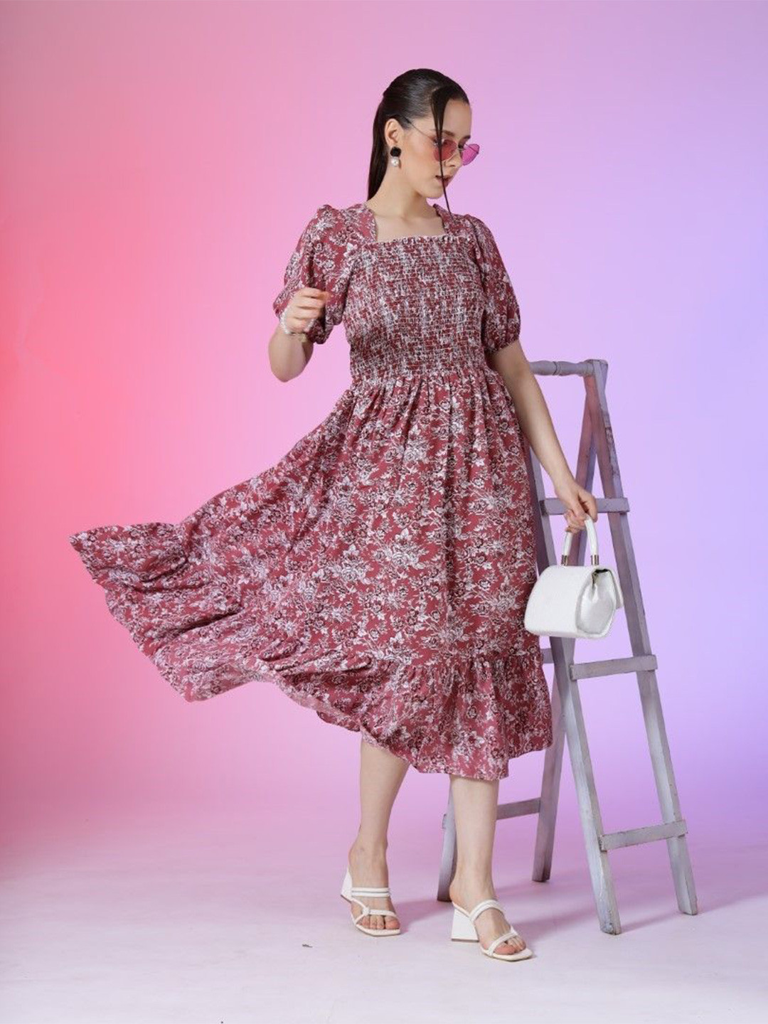 

Femvy Women Printed Fit & Flare Dress, Pink