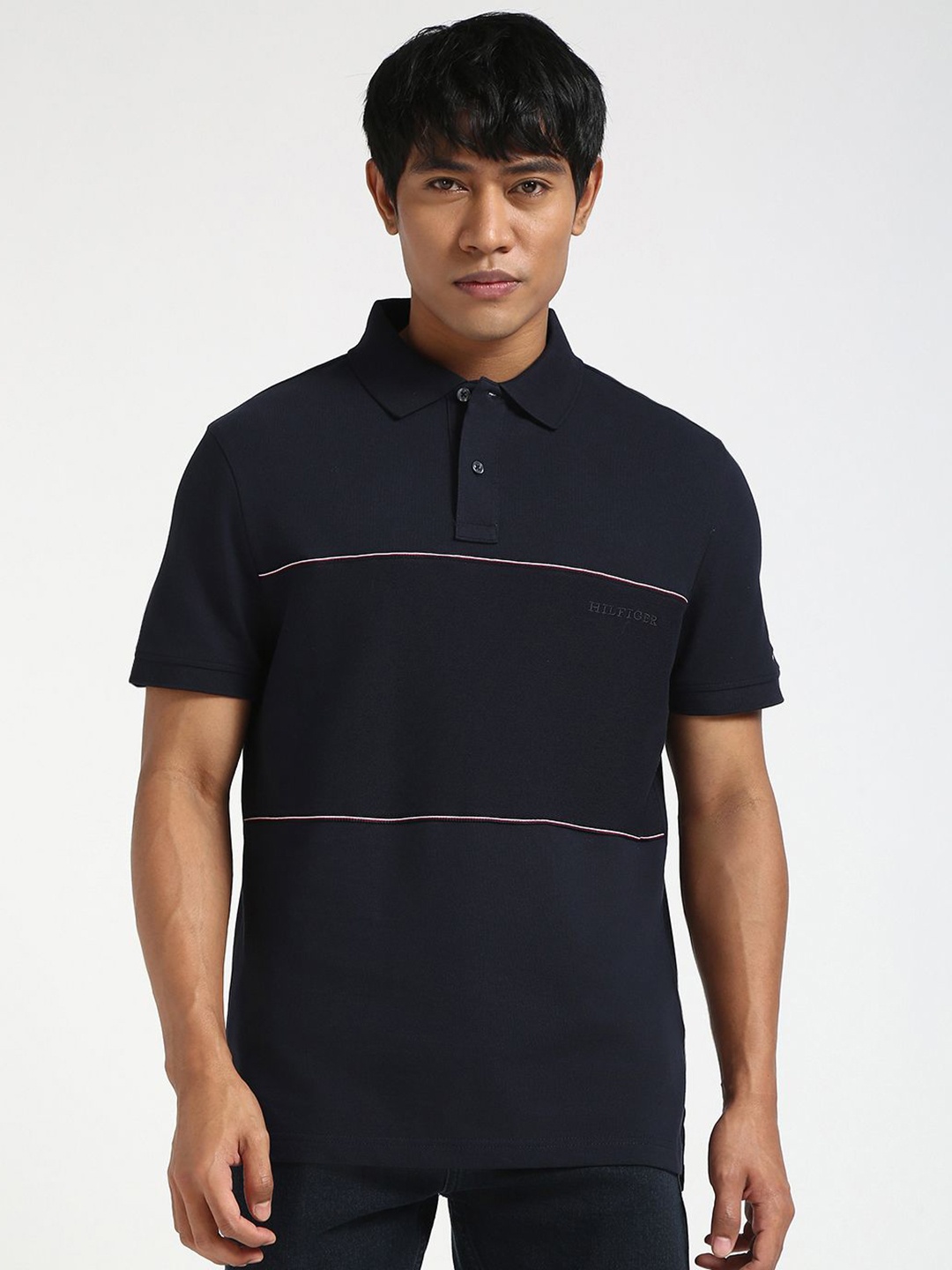 

Tommy Hilfiger Men Striped Polo Collar Cotton T-shirt, Navy blue