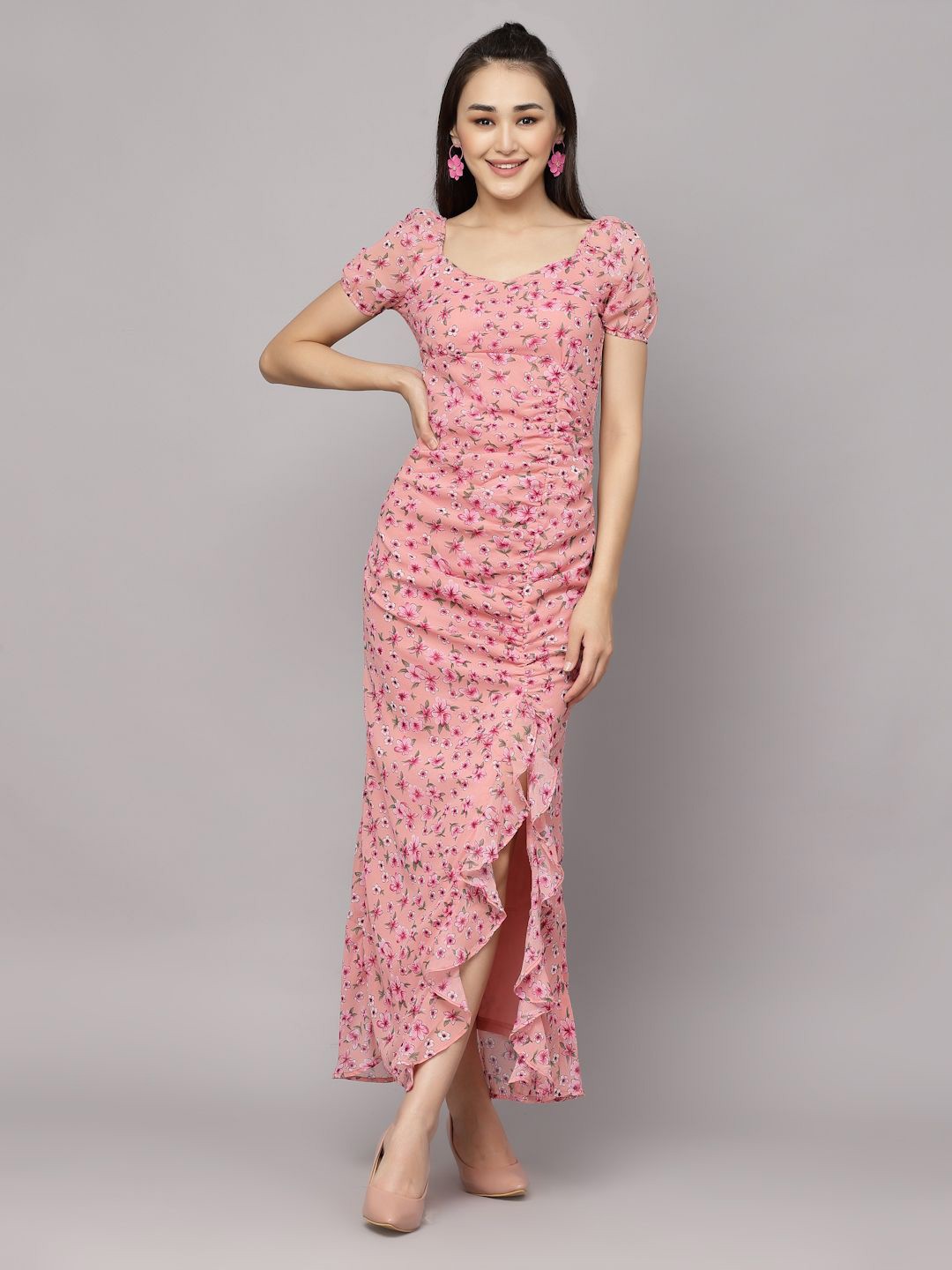 

BAESD Women Floral Printed Square Neck Maxi Dress, Peach