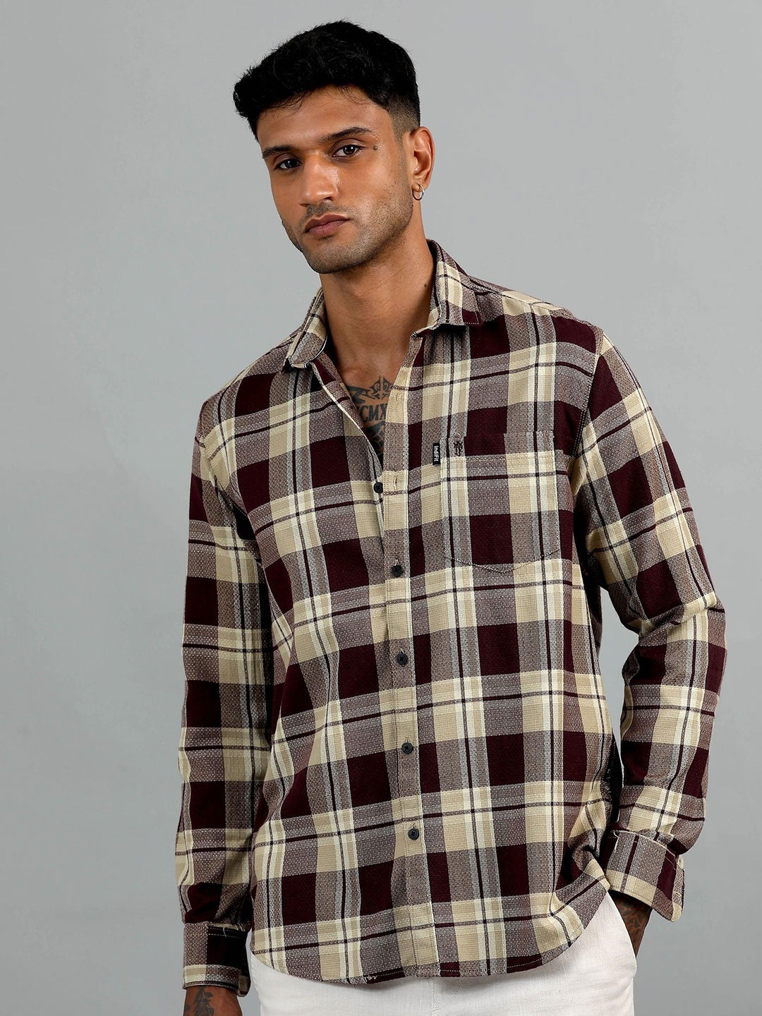 

HOUSE OF MAHNOTS Men Classic Opaque Checked Casual Shirt, Burgundy