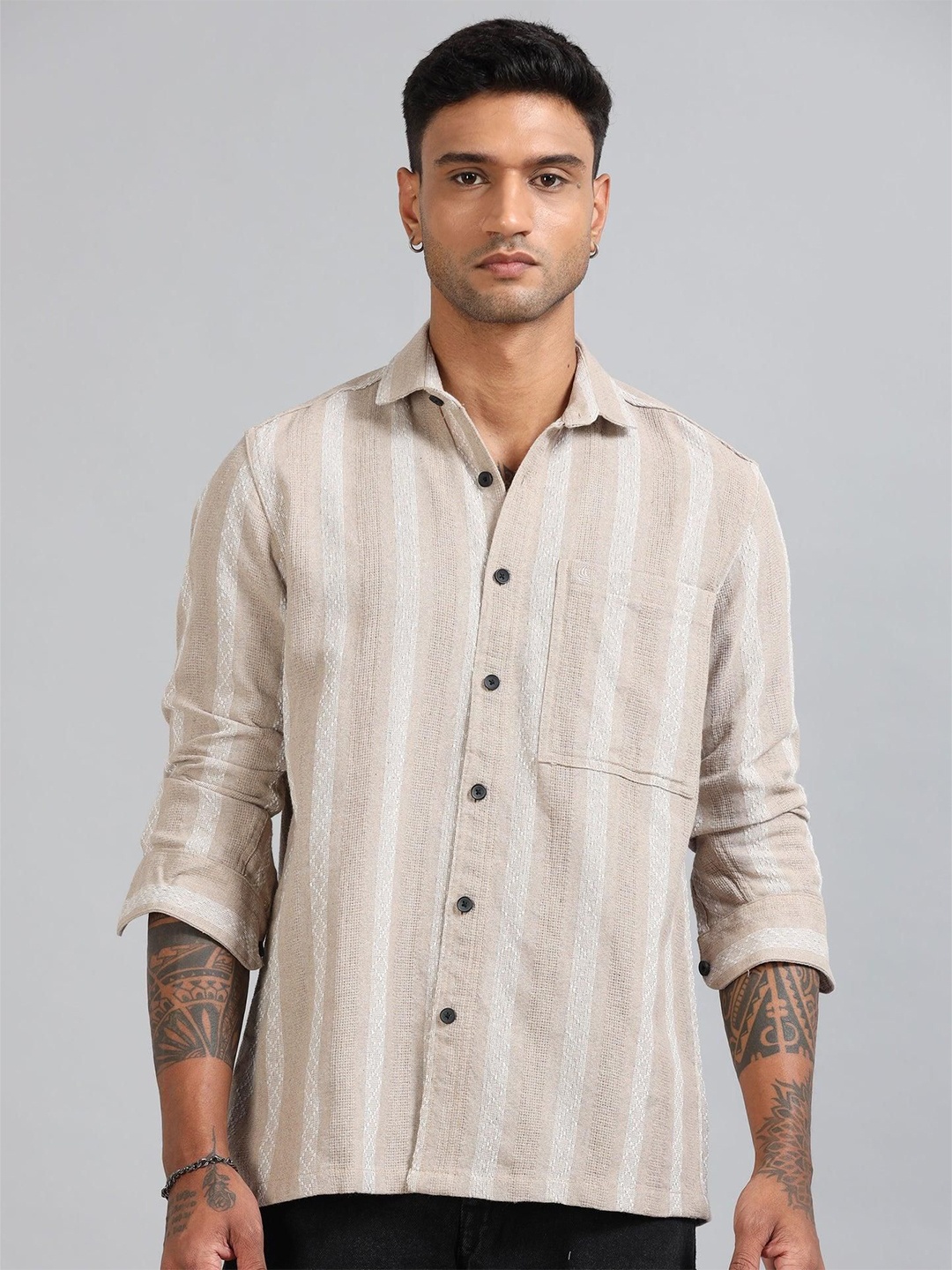 

HOUSE OF MAHNOTS Men Classic Opaque Striped Casual Shirt, Beige