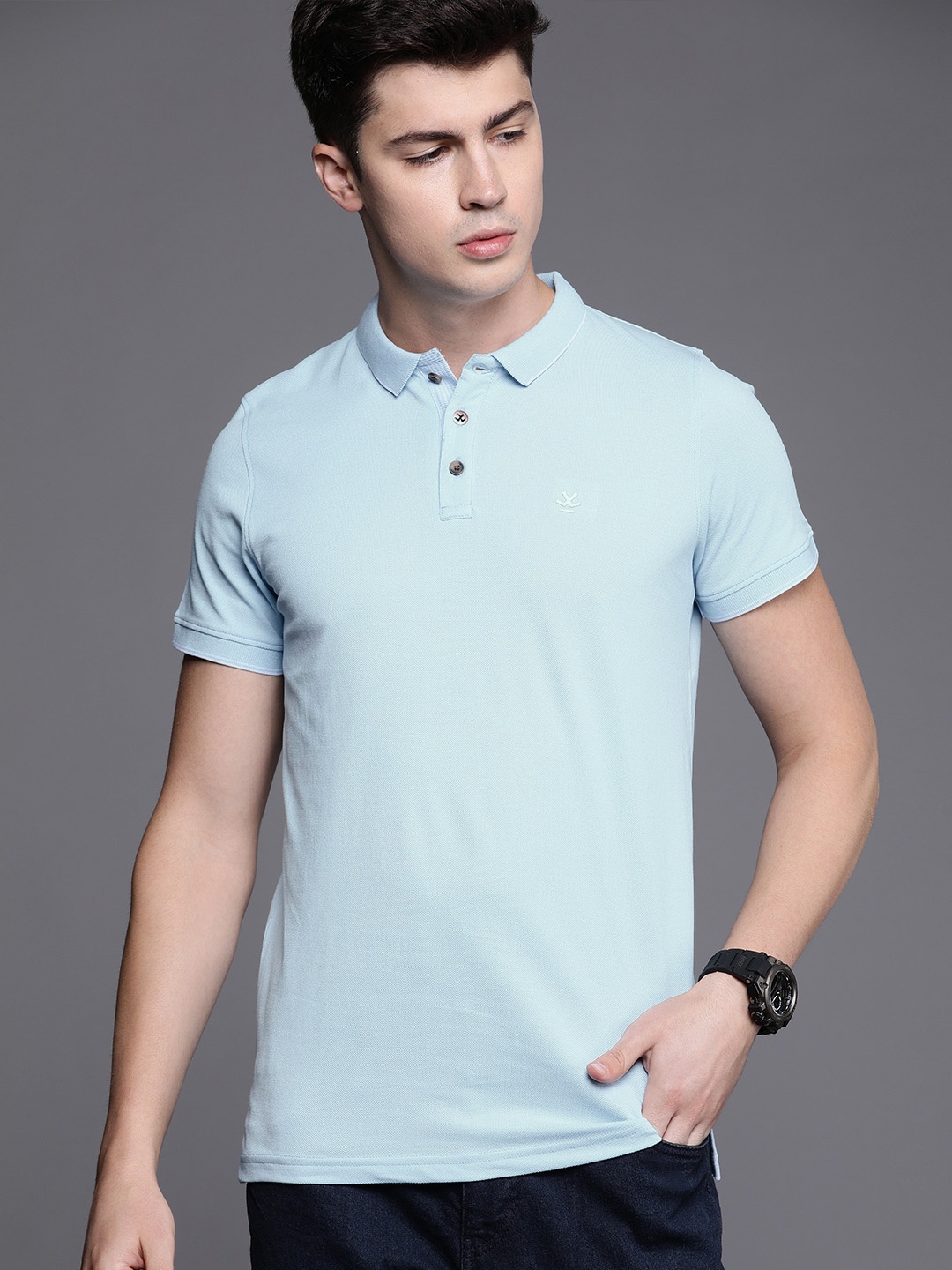 

WROGN Men Blue Solid Polo Collar T-shirt
